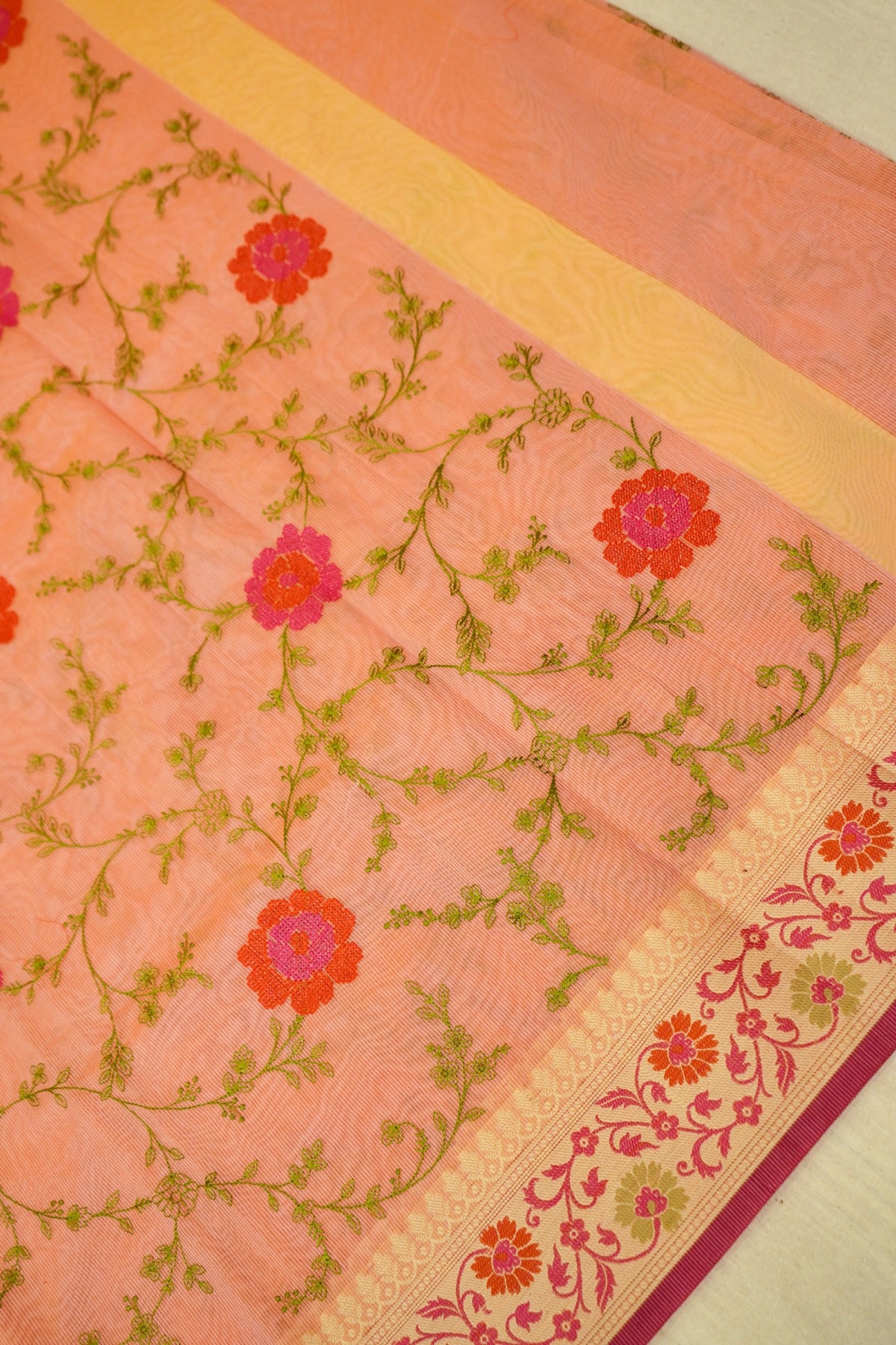 Pink Banarasi Cotton Saree with Floral Vine Weaving & Zari Border