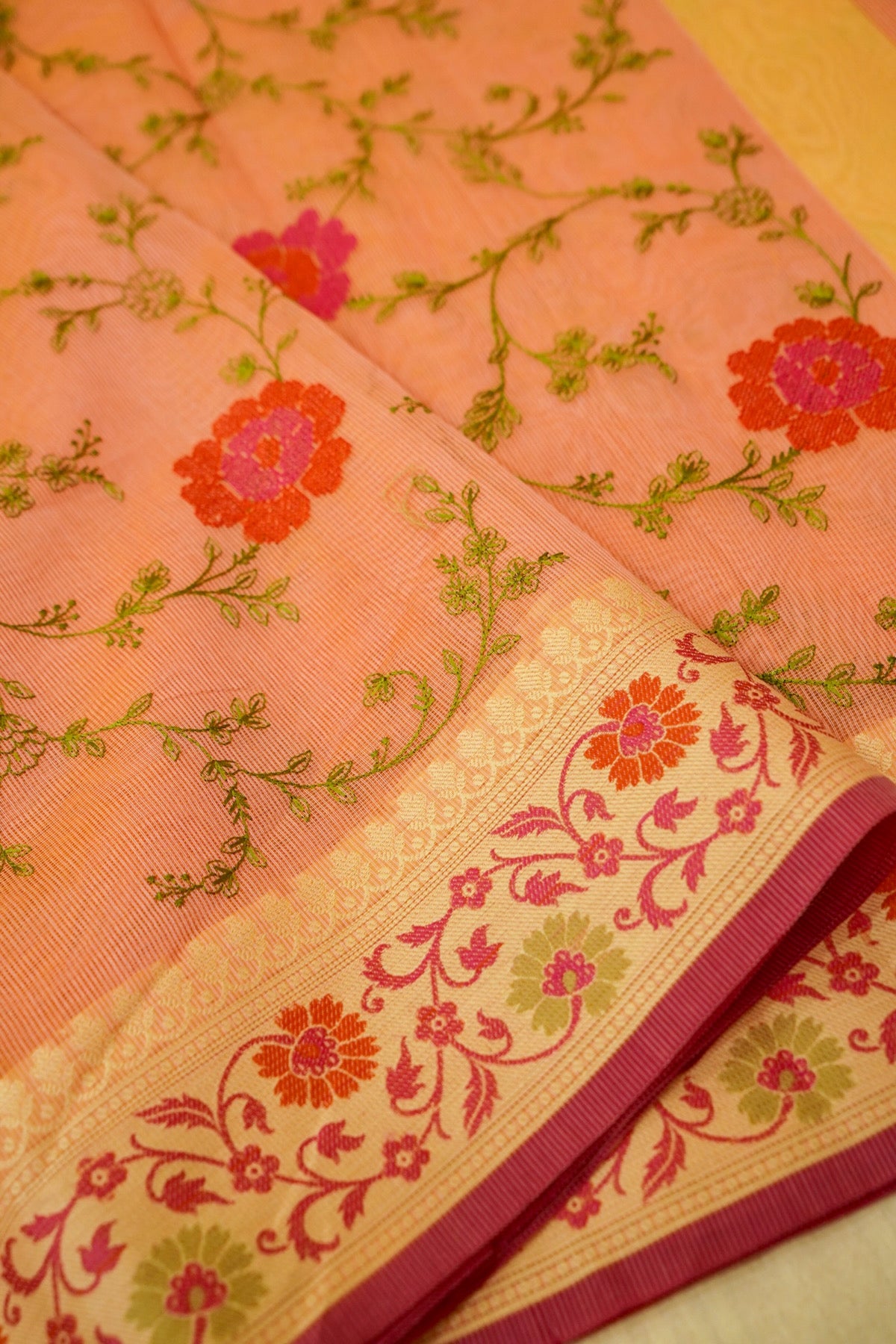 Pink Banarasi Cotton Saree with Floral Vine Weaving & Zari Border