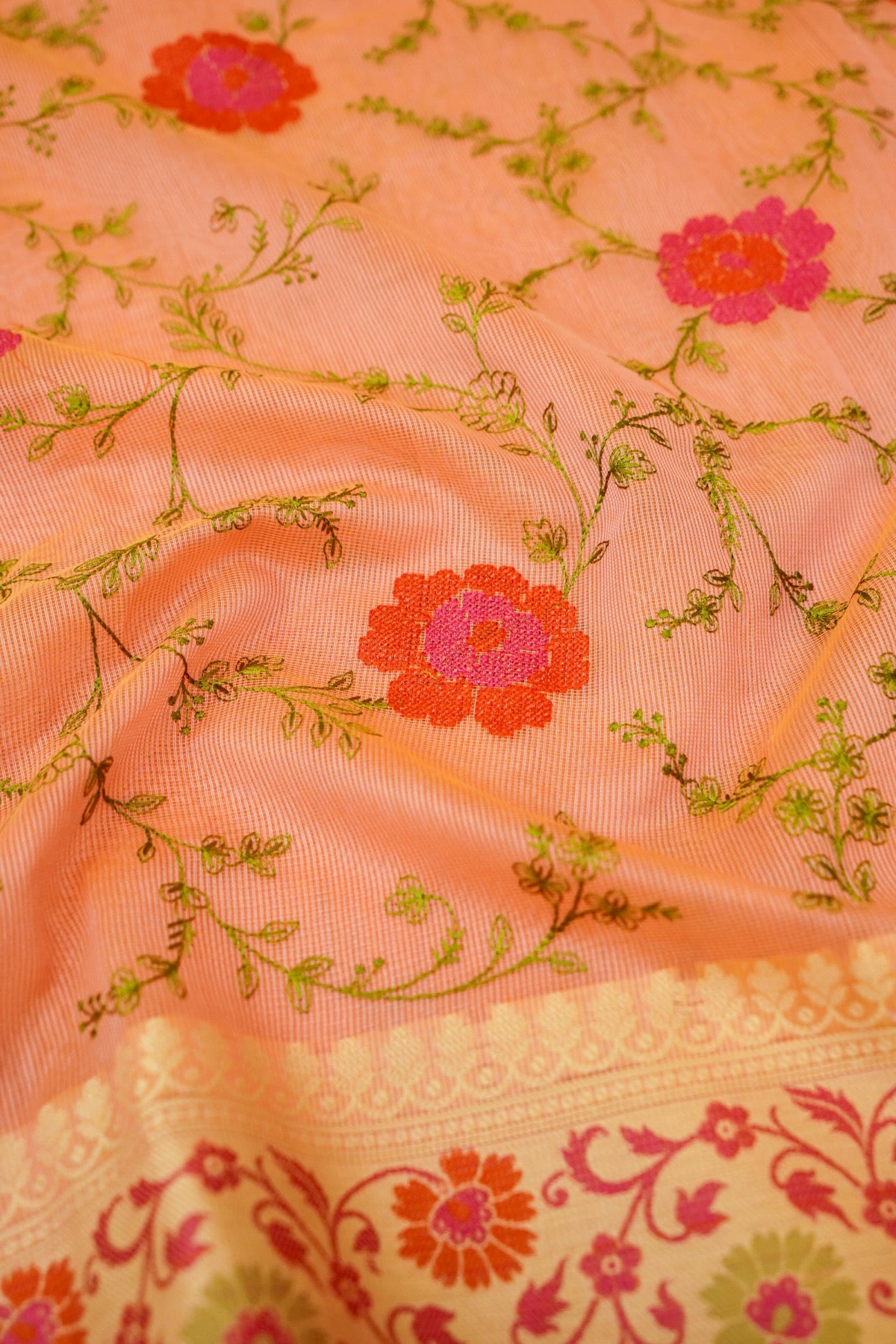 Pink Banarasi Cotton Saree with Floral Vine Weaving & Zari Border