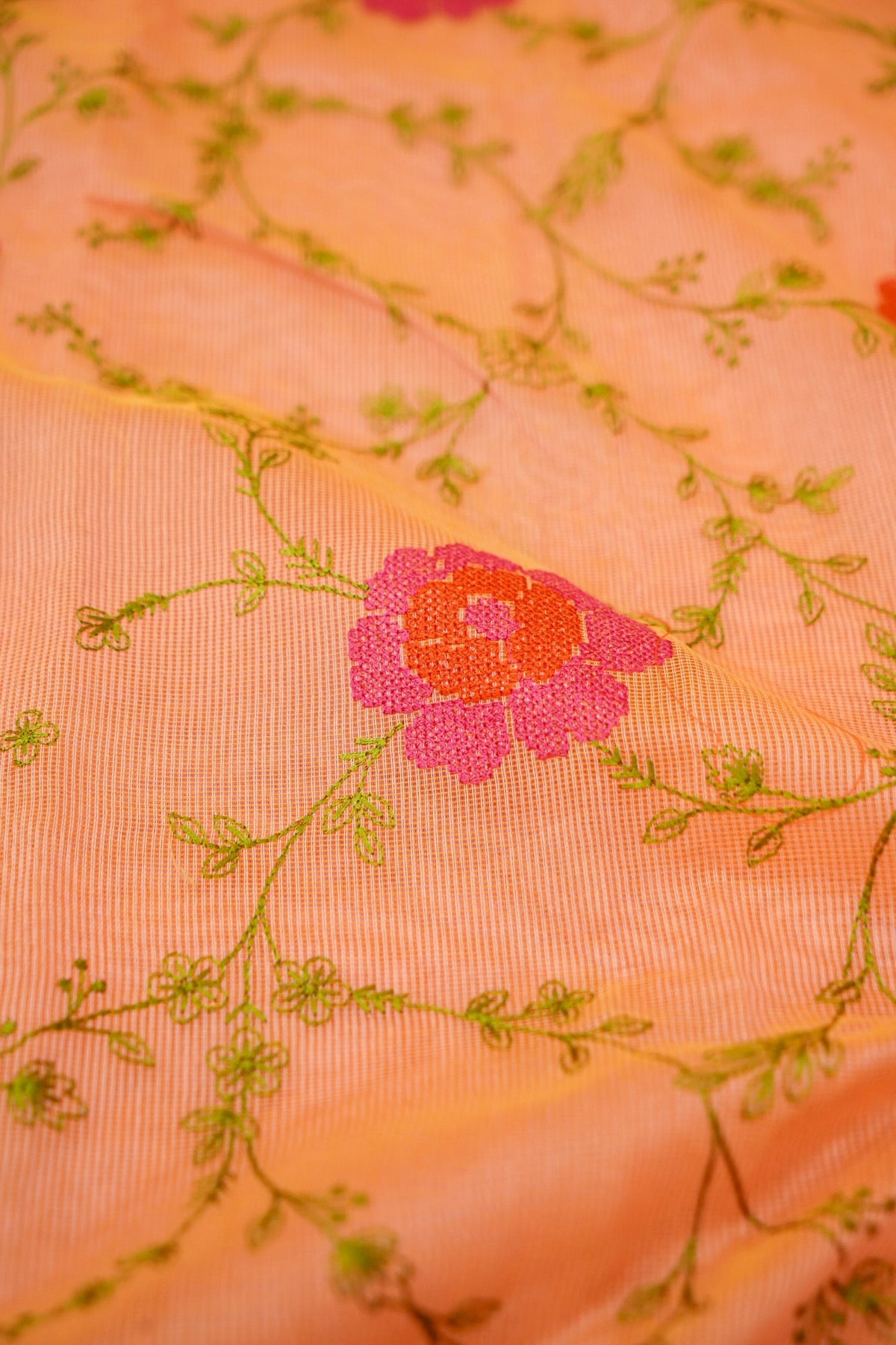 Pink Banarasi Cotton Saree with Floral Vine Weaving & Zari Border