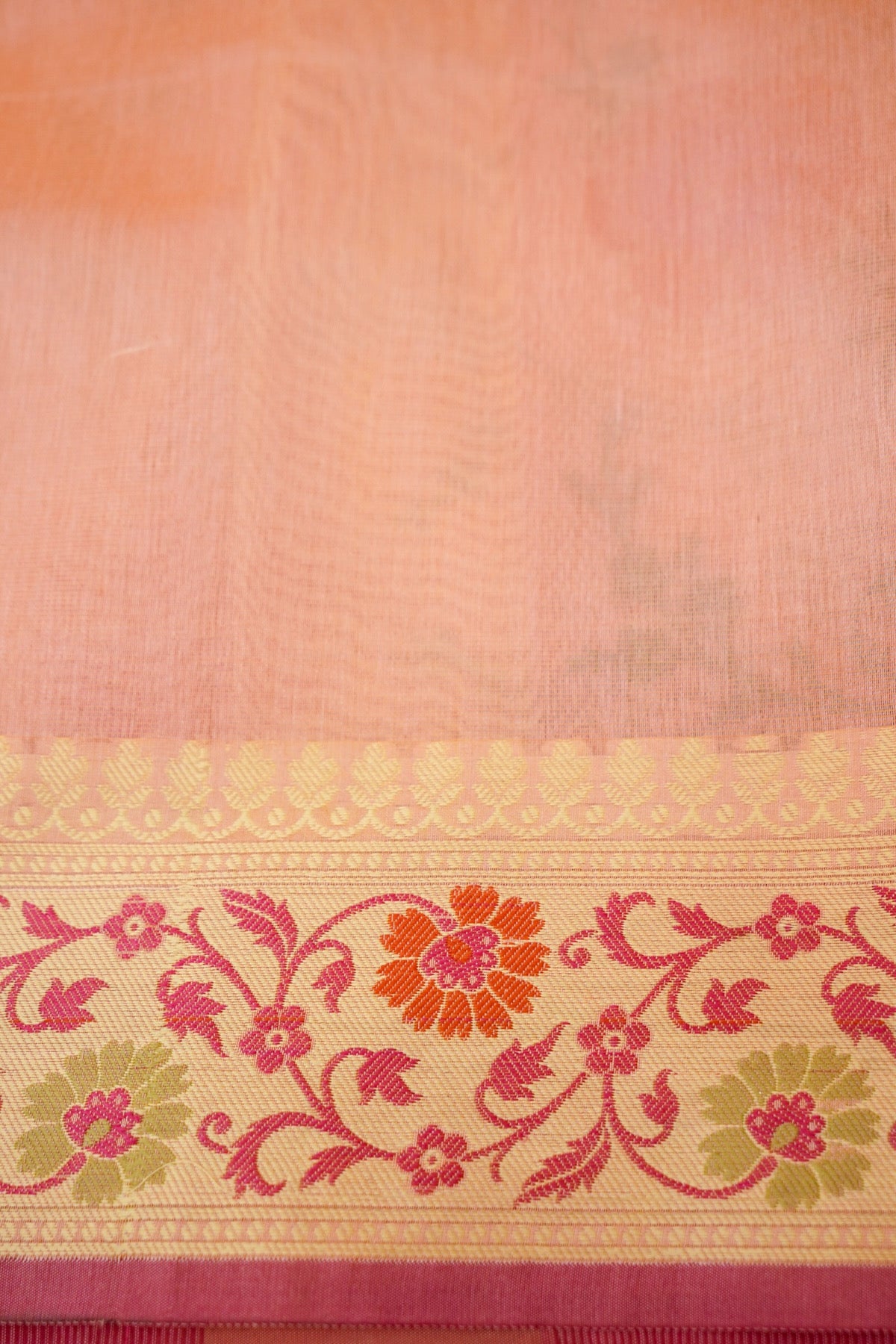 Pink Banarasi Cotton Saree with Floral Vine Weaving & Zari Border