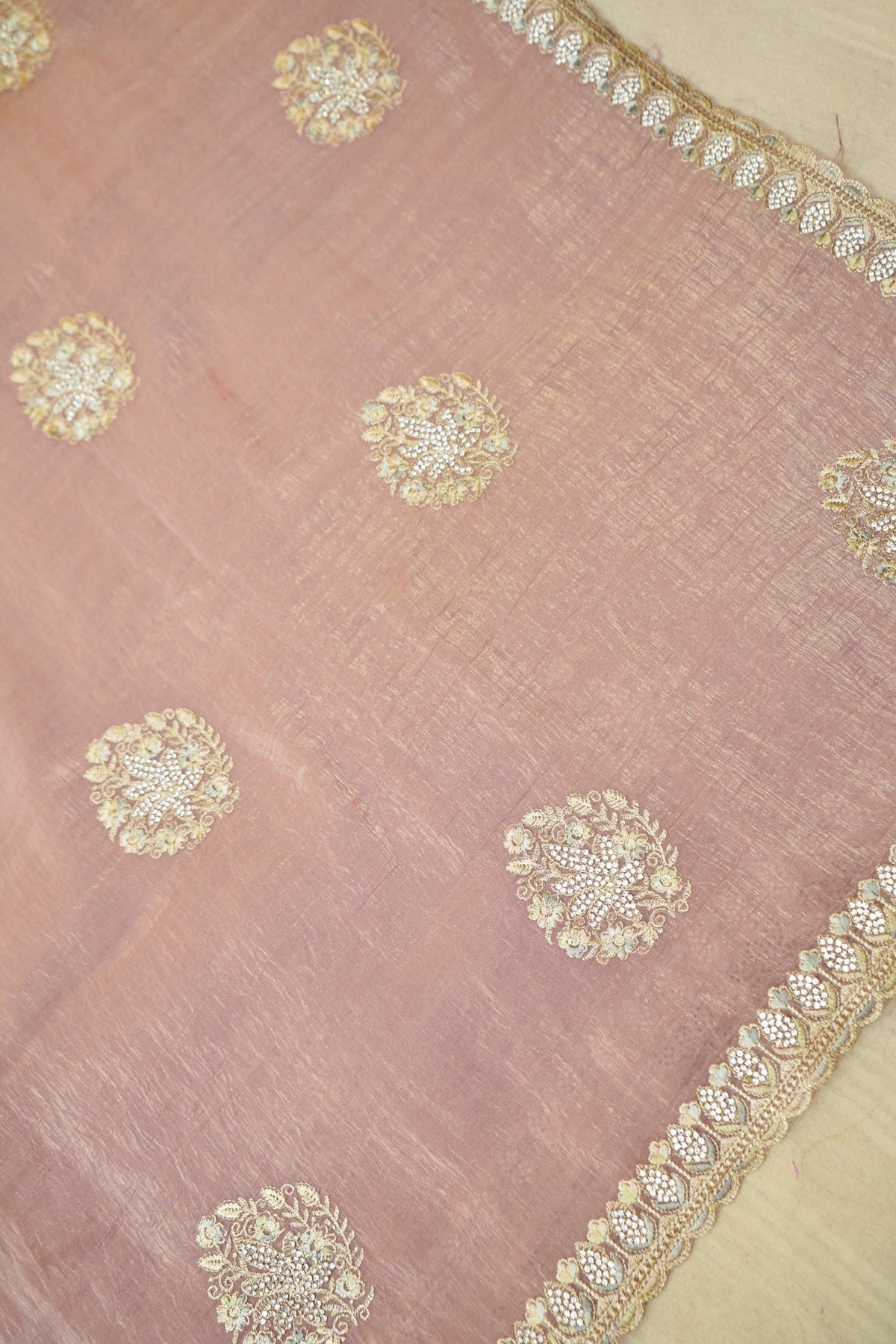 Blush Pink Banarasi Cotton Saree with Floral Embroidery & Scalloped Border