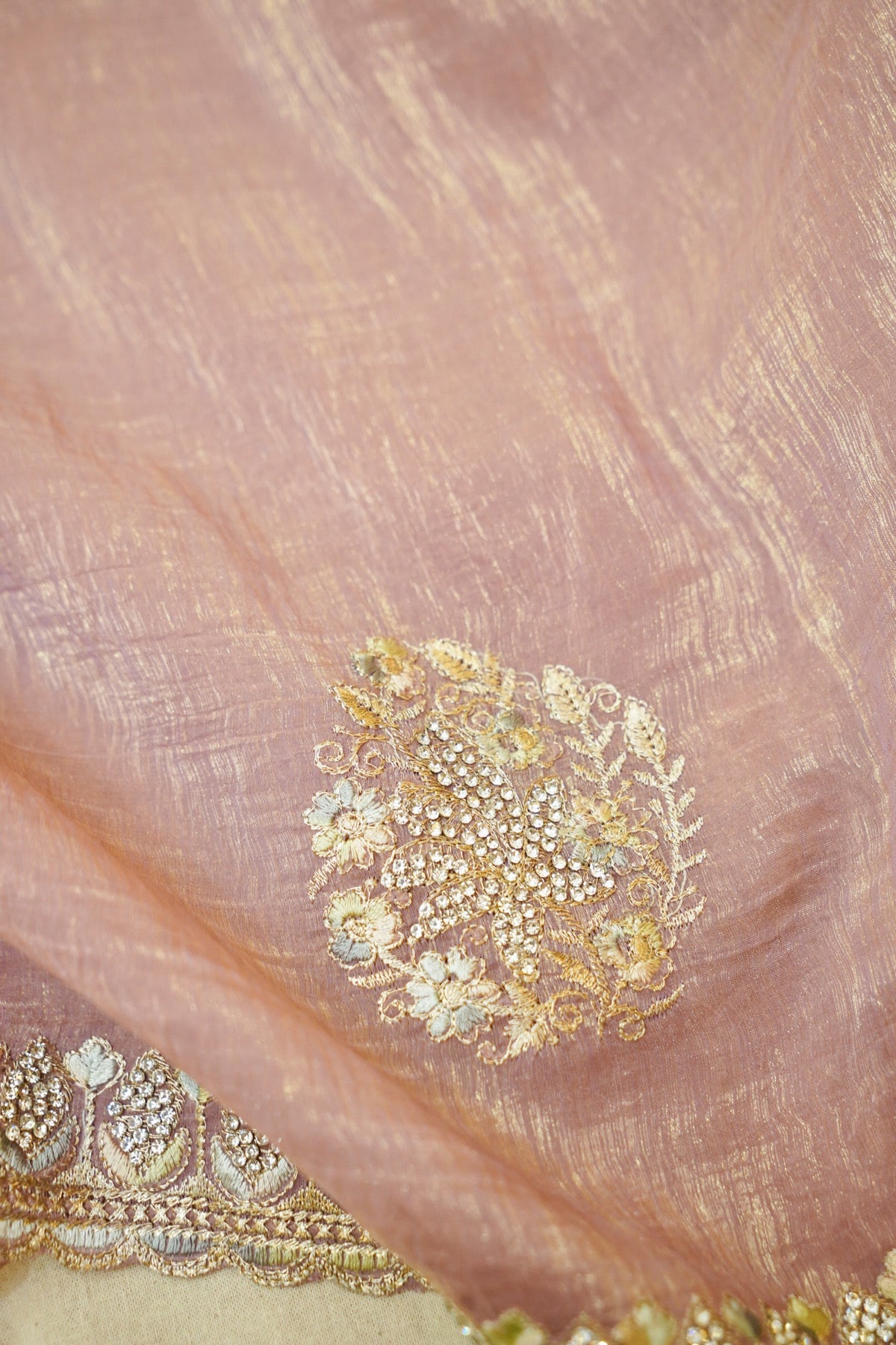 Blush Pink Banarasi Cotton Saree with Floral Embroidery & Scalloped Border