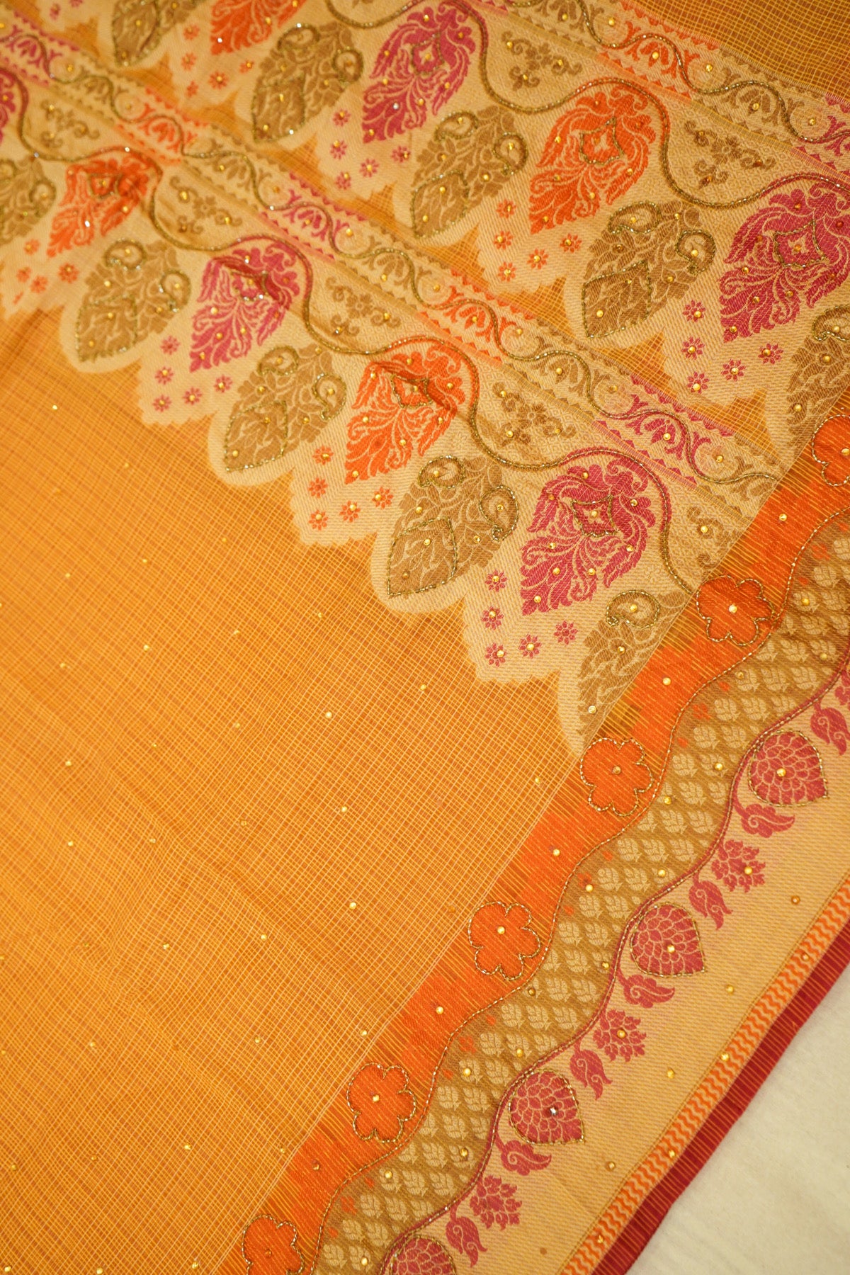 Sunset Orange Banarasi Cotton Saree with Woven Zari Border