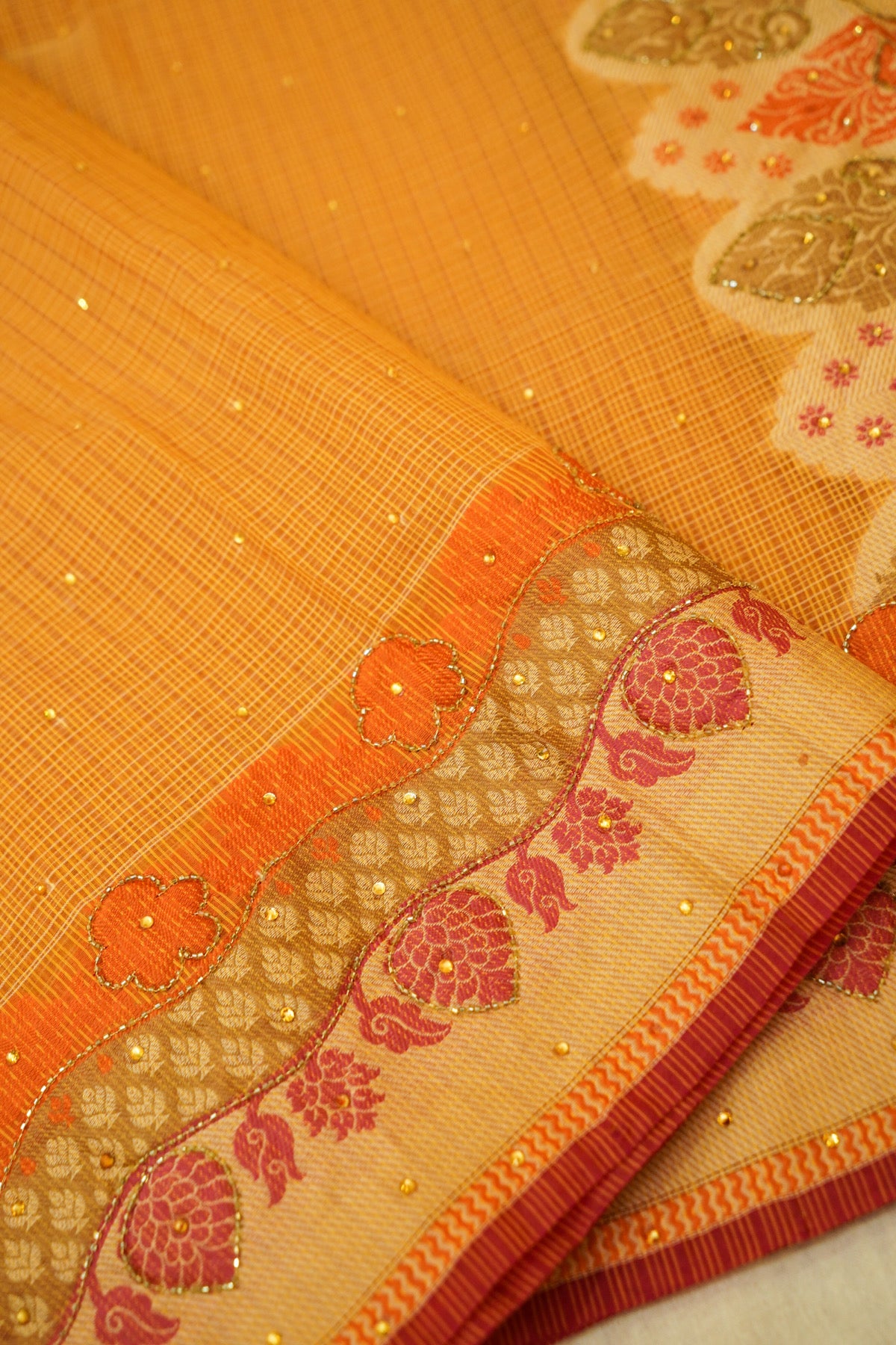 Sunset Orange Banarasi Cotton Saree with Woven Zari Border