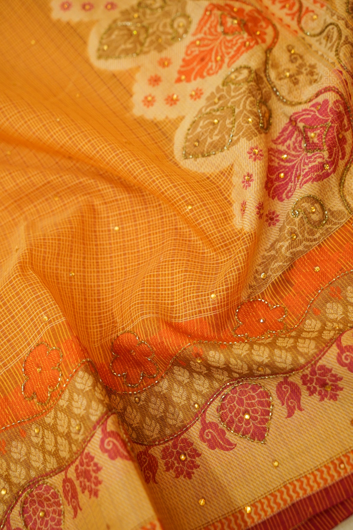 Sunset Orange Banarasi Cotton Saree with Woven Zari Border