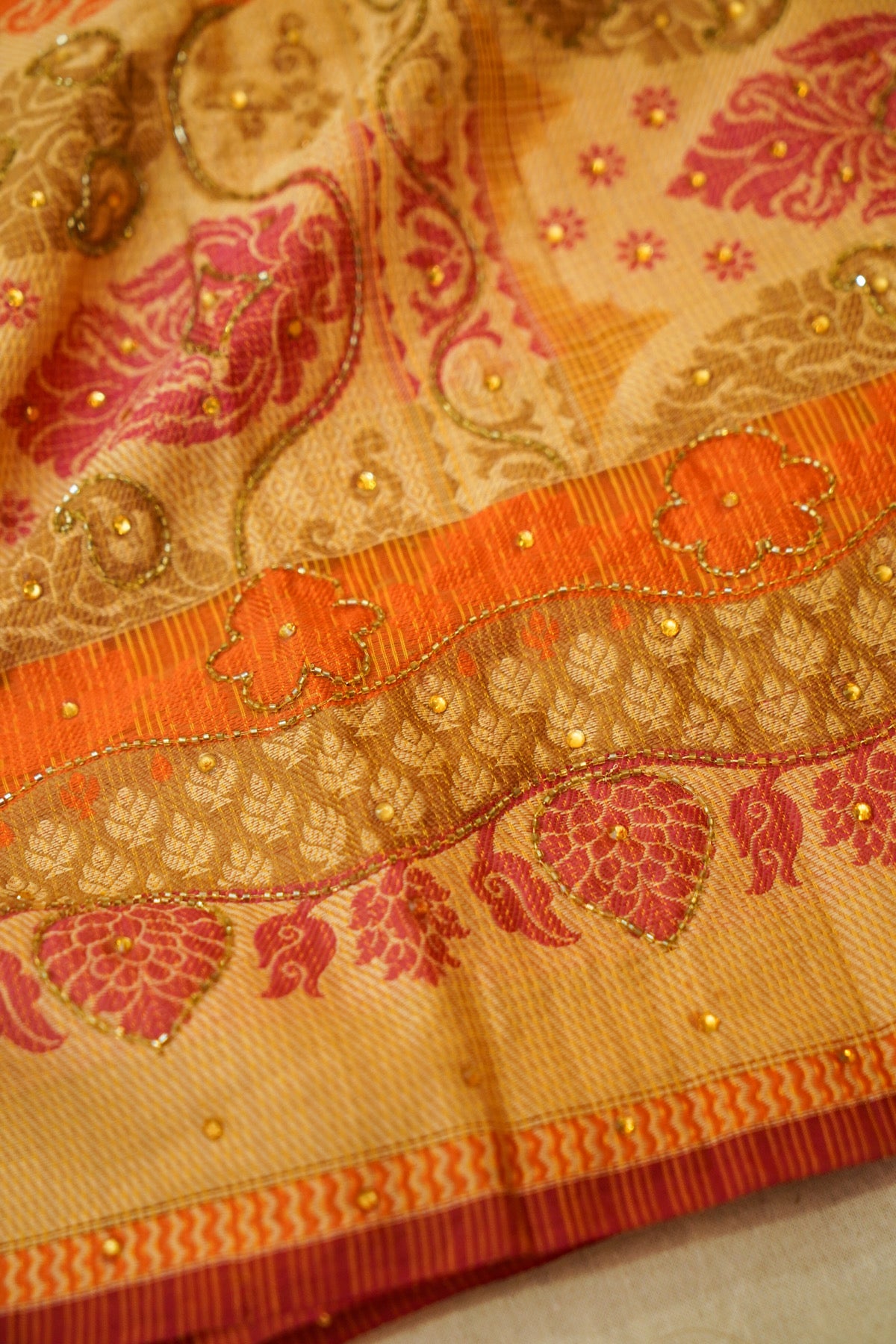 Sunset Orange Banarasi Cotton Saree with Woven Zari Border
