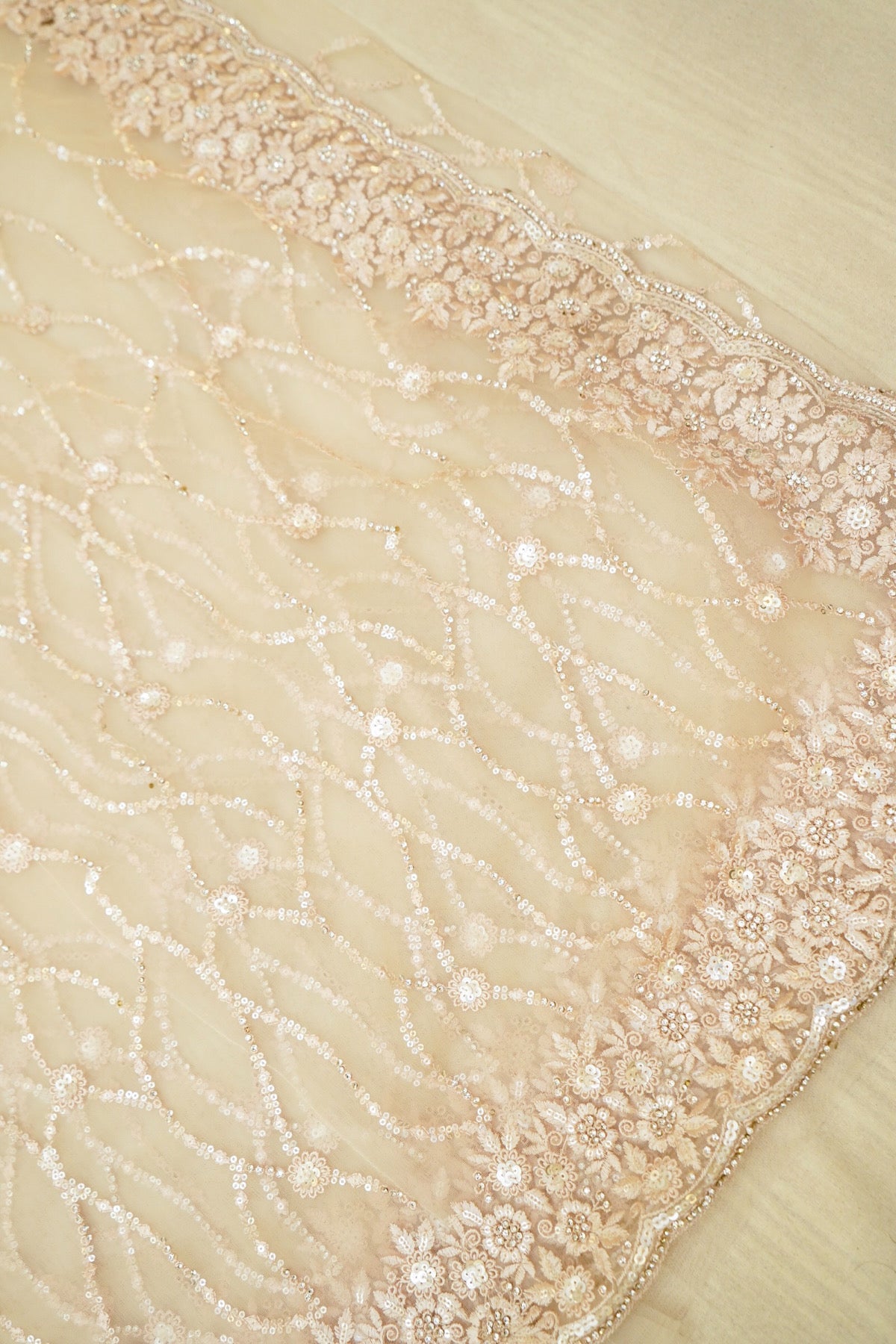 Sequin Embroidery Designer Net Saree - Champagne Beige