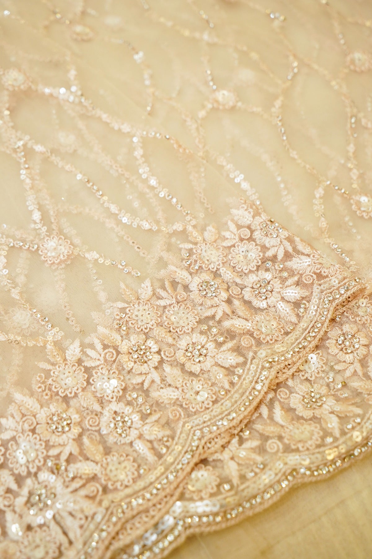 Sequin Embroidery Designer Net Saree - Champagne Beige