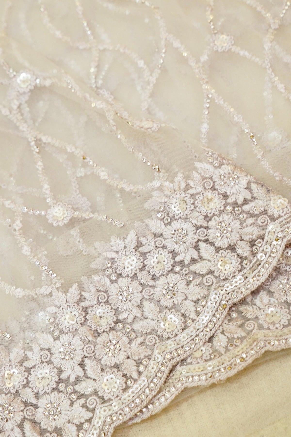 Sequin Embroidery Designer Net Saree - Ivory
