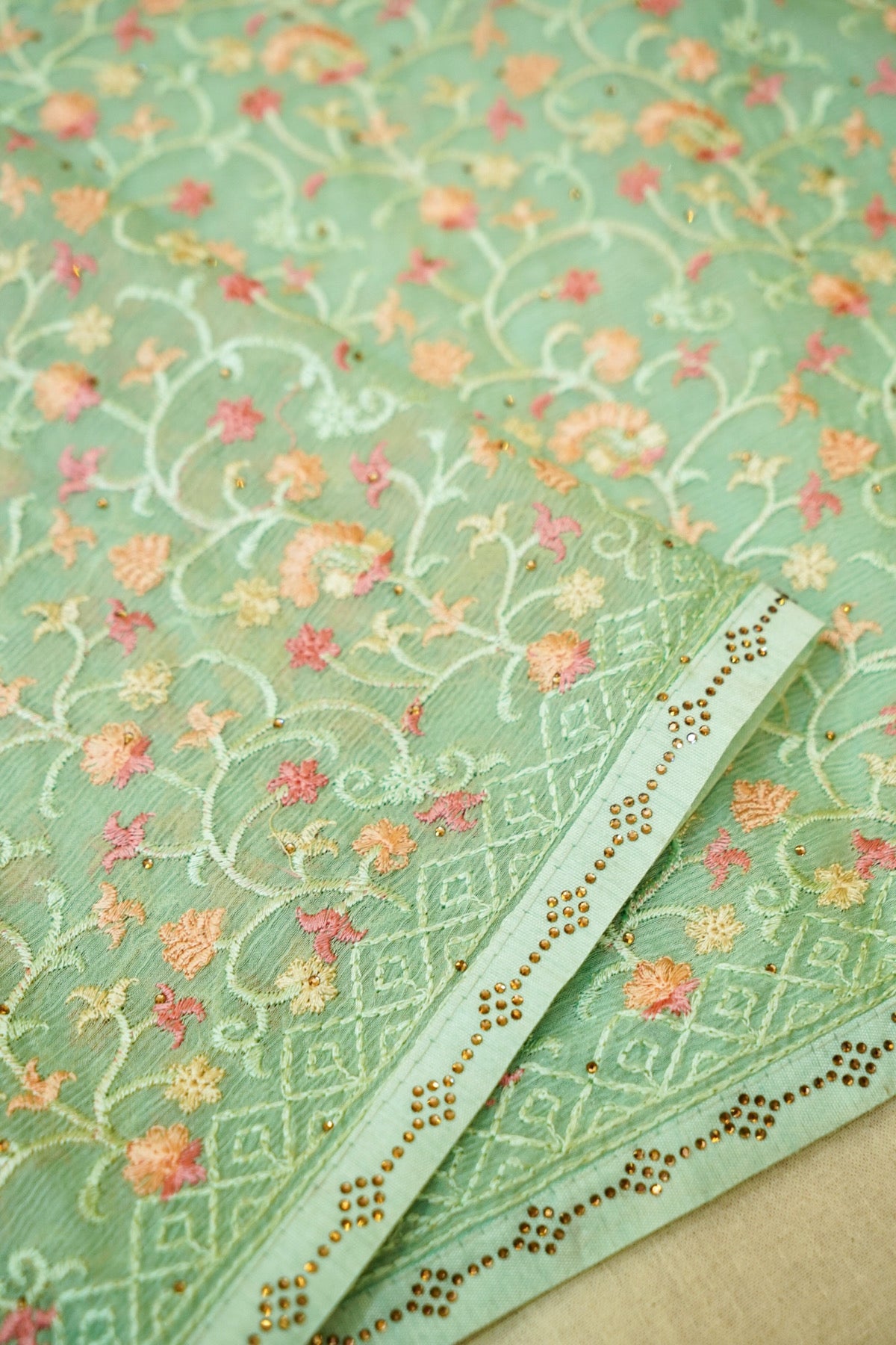 Mint Green Designer Saree with Floral Vine Embroidery