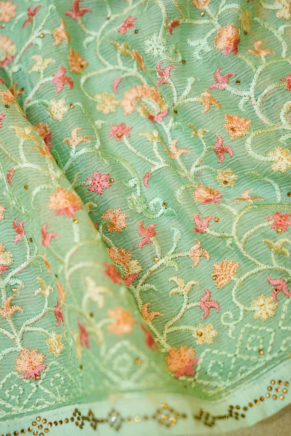Mint Green Designer Saree with Floral Vine Embroidery