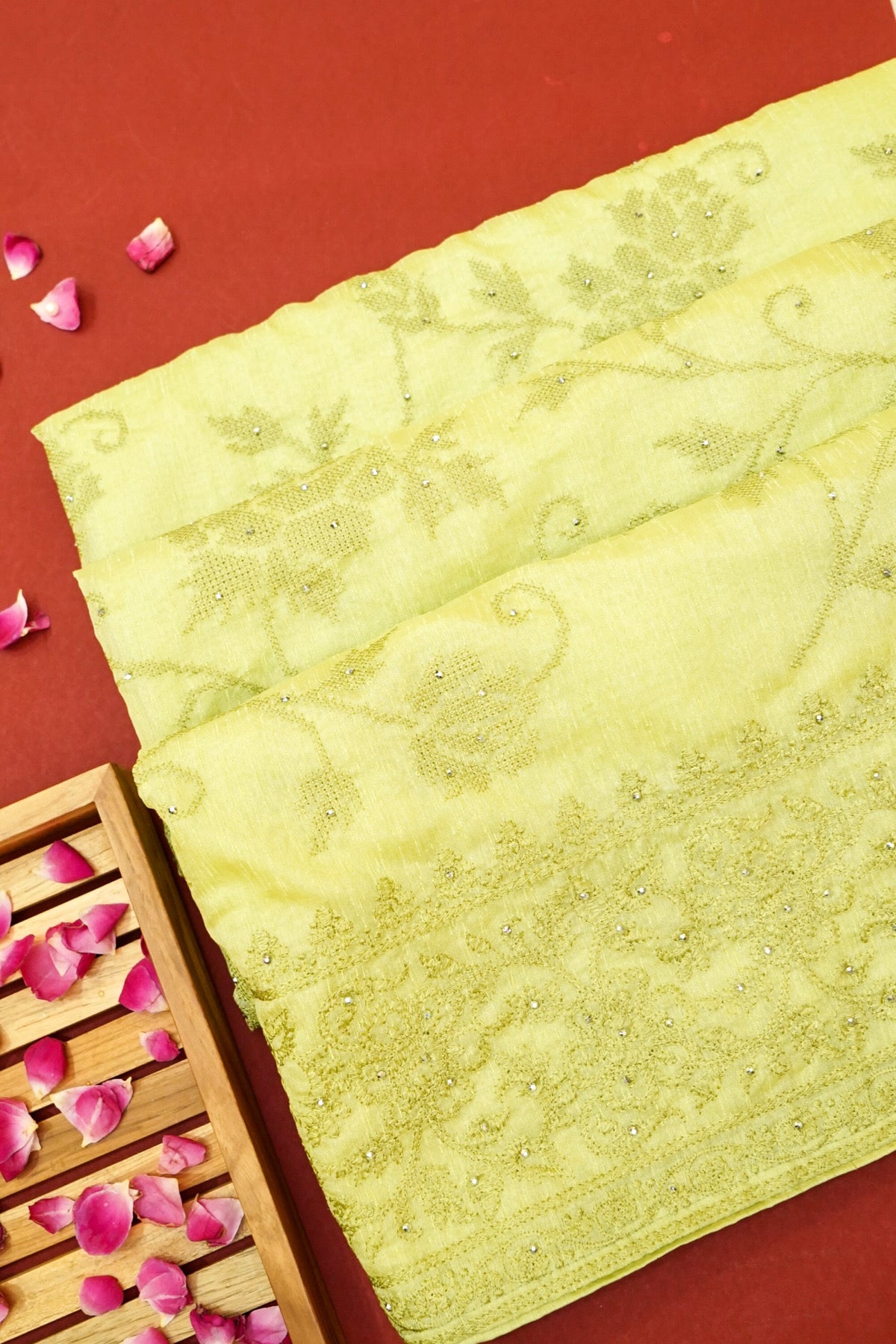 Lime Green Designer Cotton Saree with Embroidered and Stone Border
