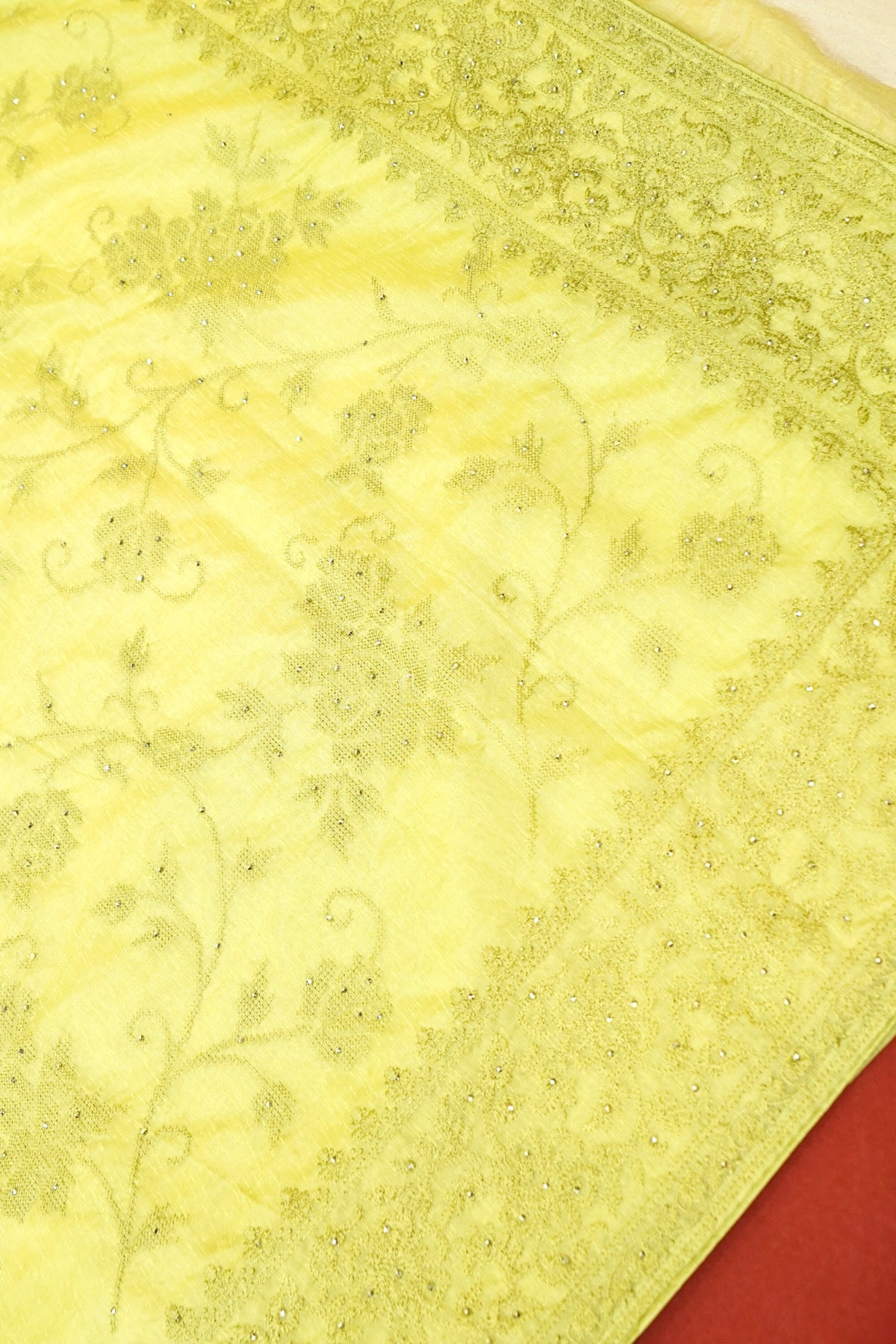 Lime Green Designer Cotton Saree with Embroidered and Stone Border