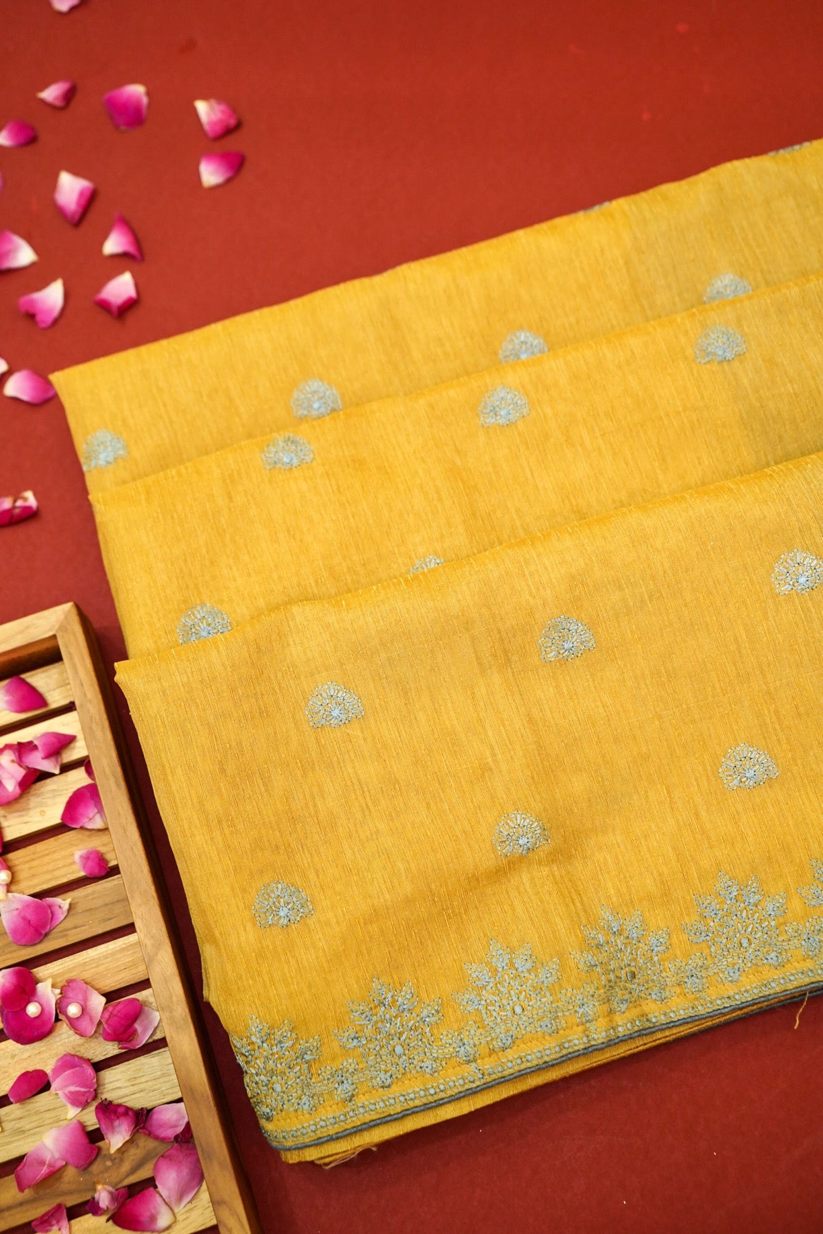 Golden Yellow Embroidered Banarasi Cotton Saree