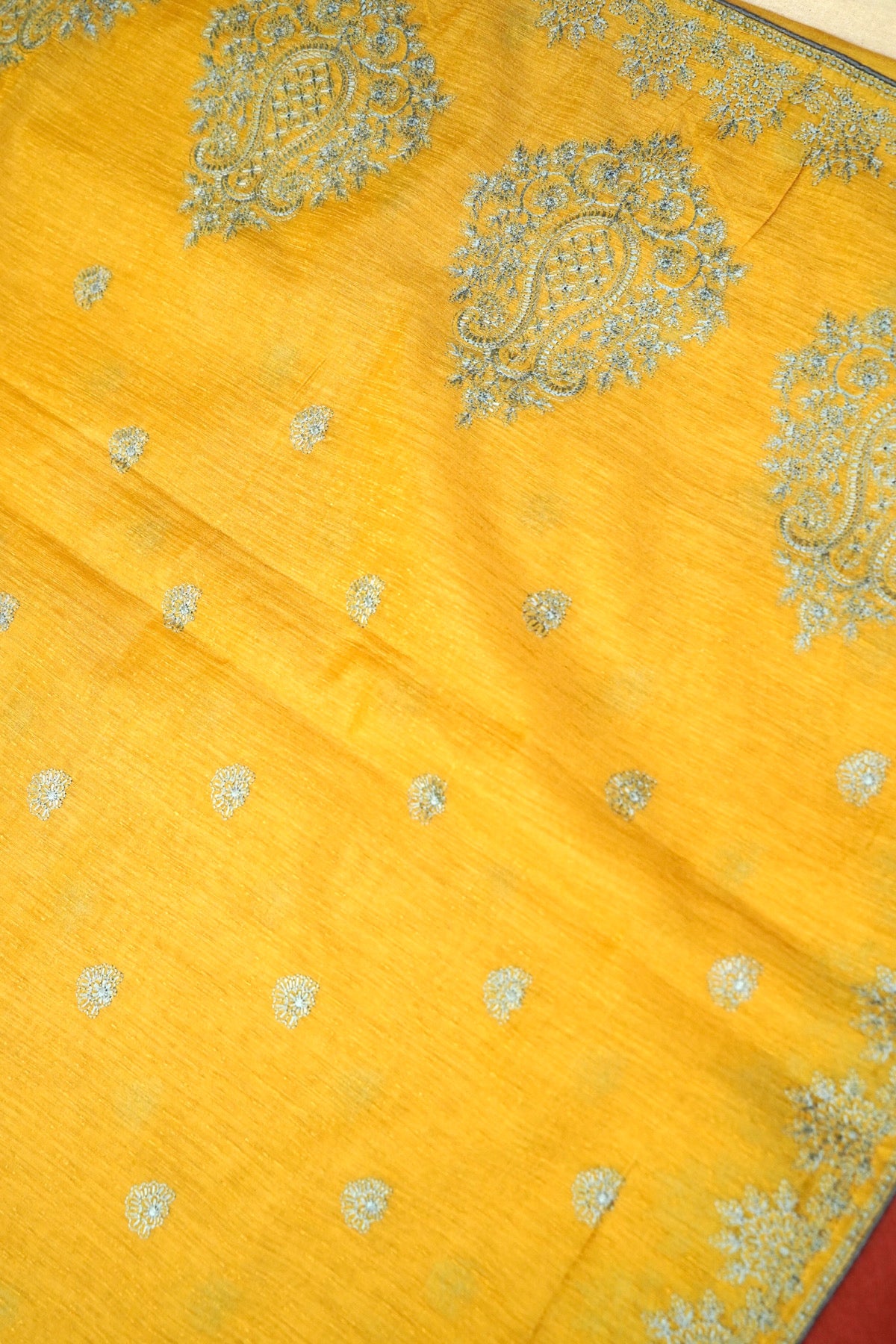 Golden Yellow Embroidered Banarasi Cotton Saree