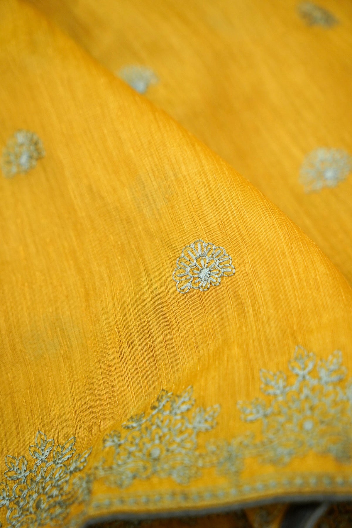 Golden Yellow Embroidered Banarasi Cotton Saree