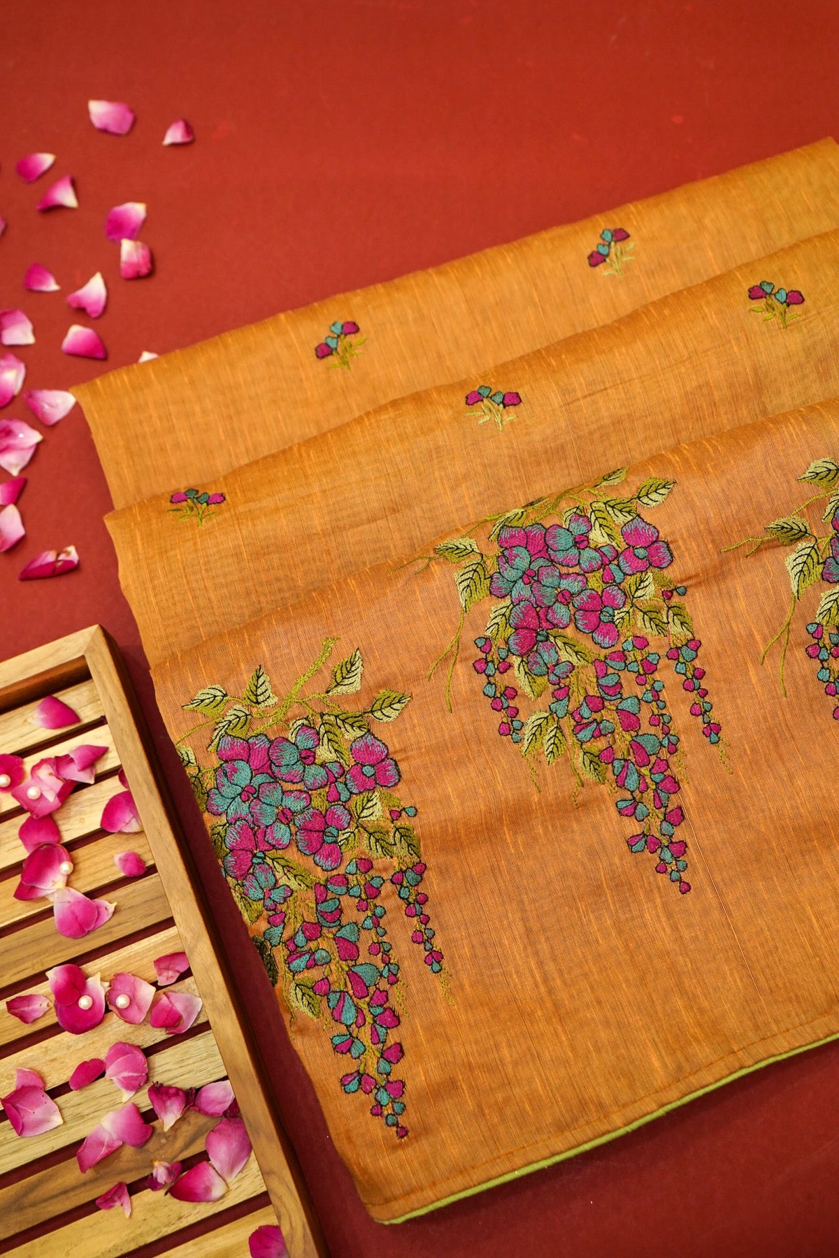 Mustard Banarasi Cotton Saree with Floral Embroidered Pallu
