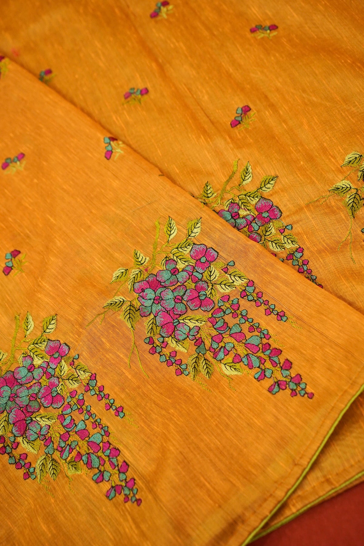 Mustard Banarasi Cotton Saree with Floral Embroidered Pallu