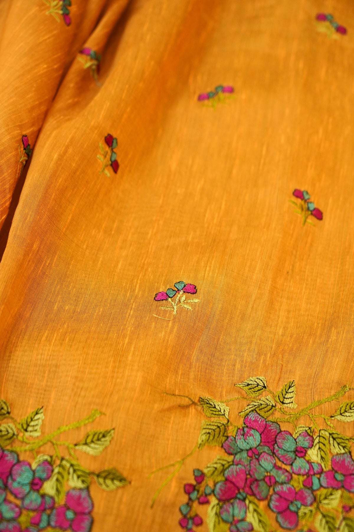 Mustard Banarasi Cotton Saree with Floral Embroidered Pallu