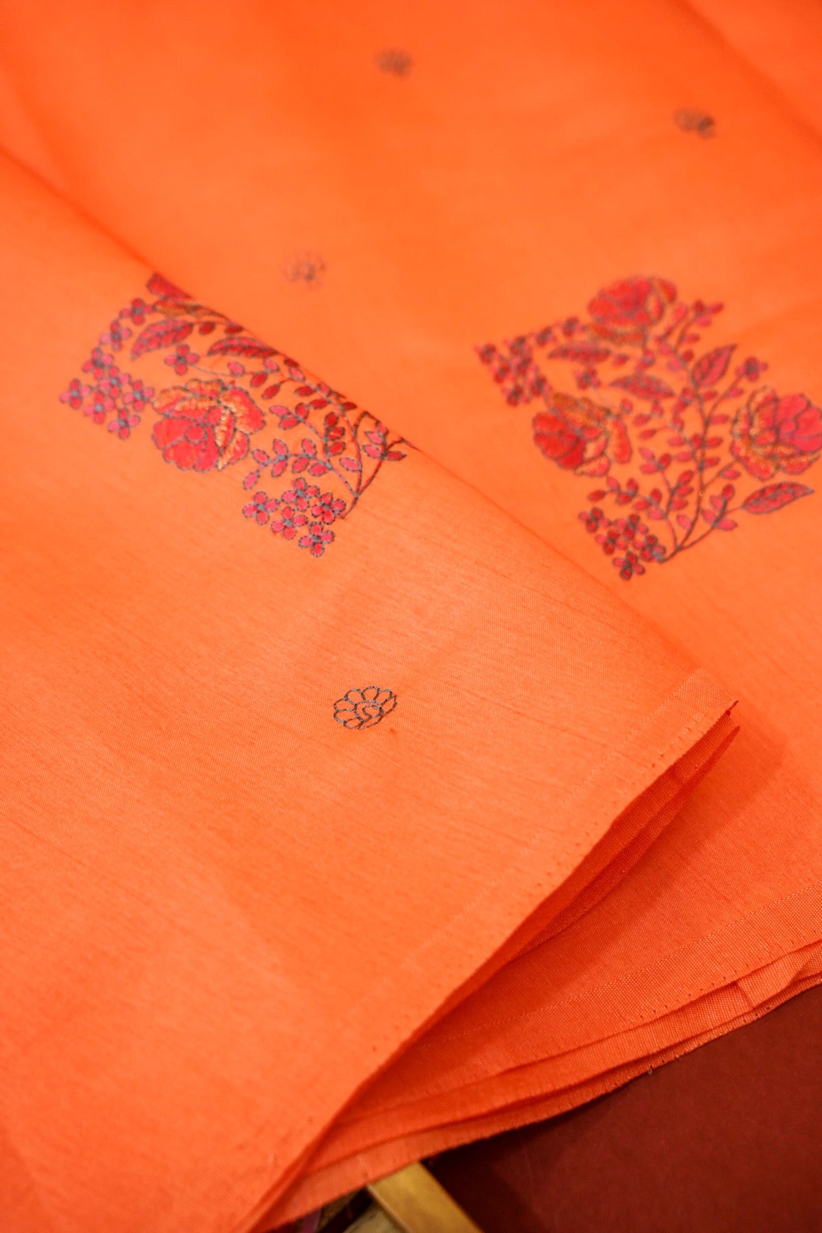Peach-Orange Banarasi Cotton Saree with Floral Embroidery