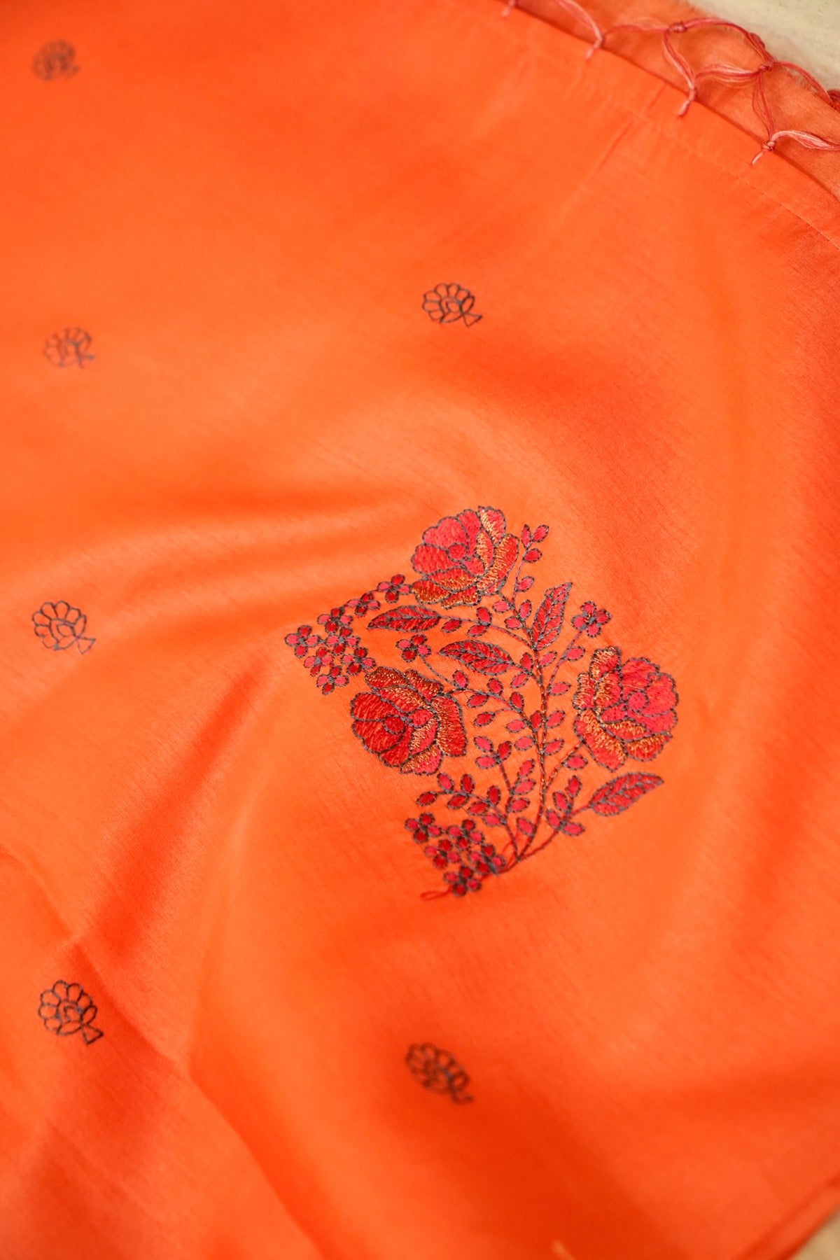 Peach-Orange Banarasi Cotton Saree with Floral Embroidery