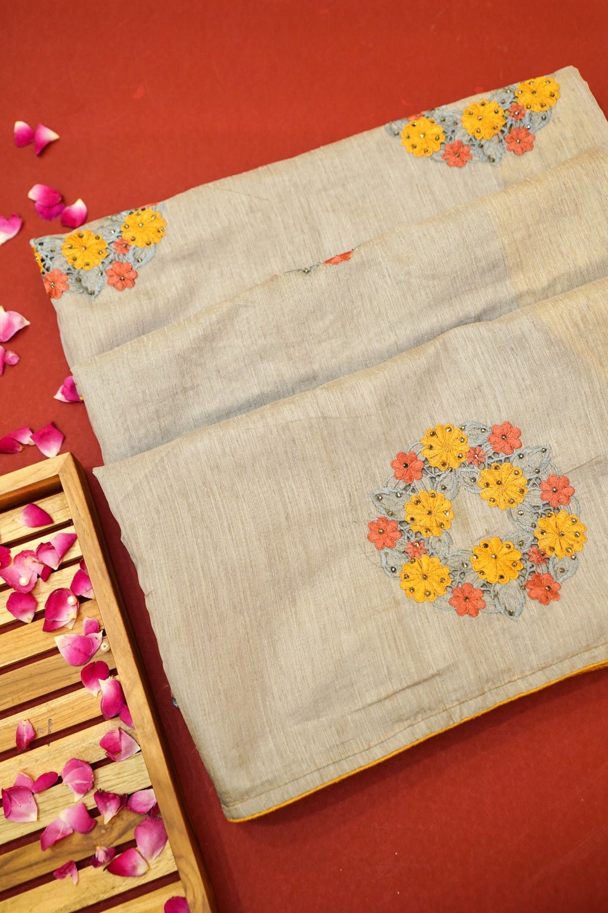 Stone Grey Banarasi Cotton Saree with Multicolor Floral Embroidery