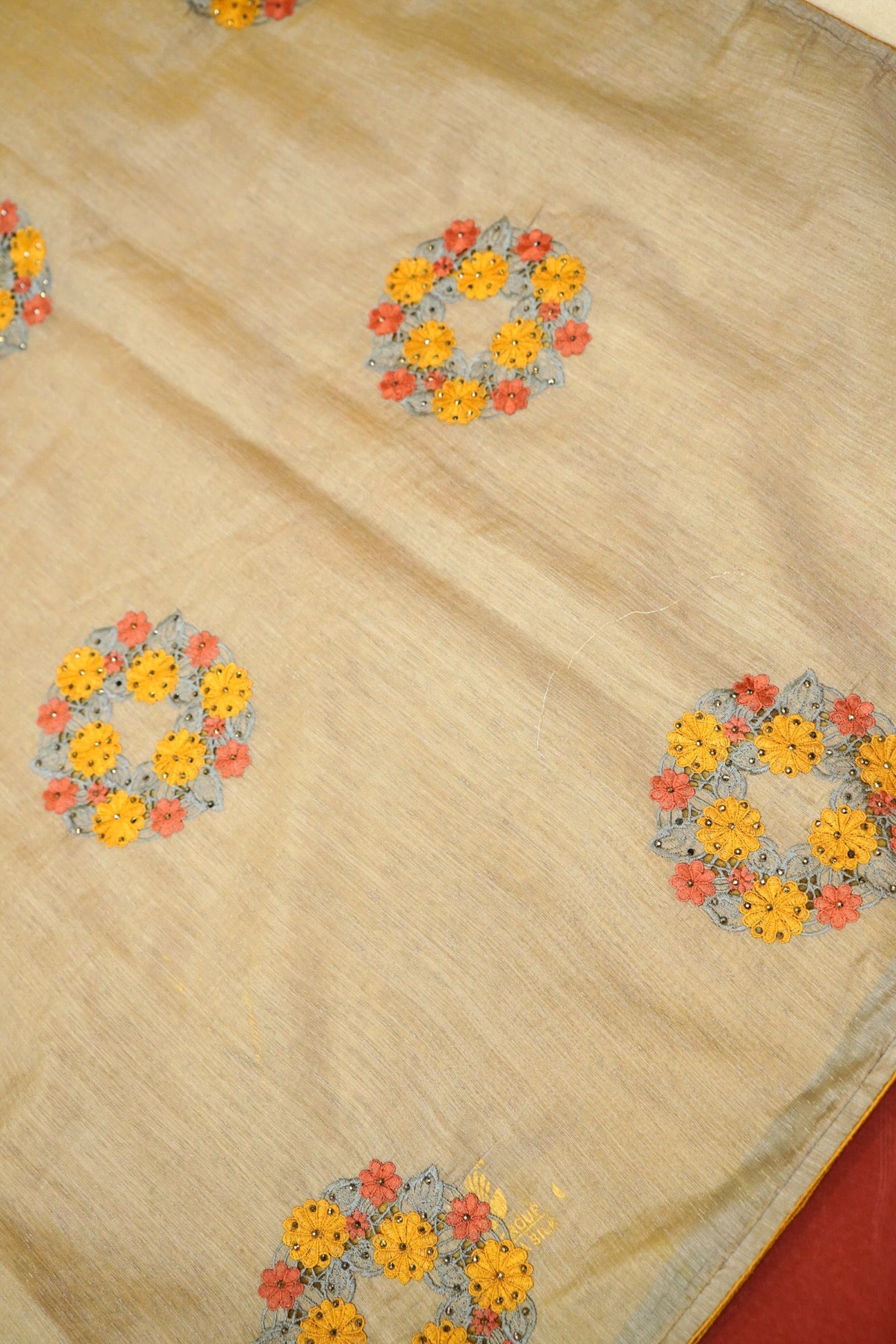 Stone Grey Banarasi Cotton Saree with Multicolor Floral Embroidery
