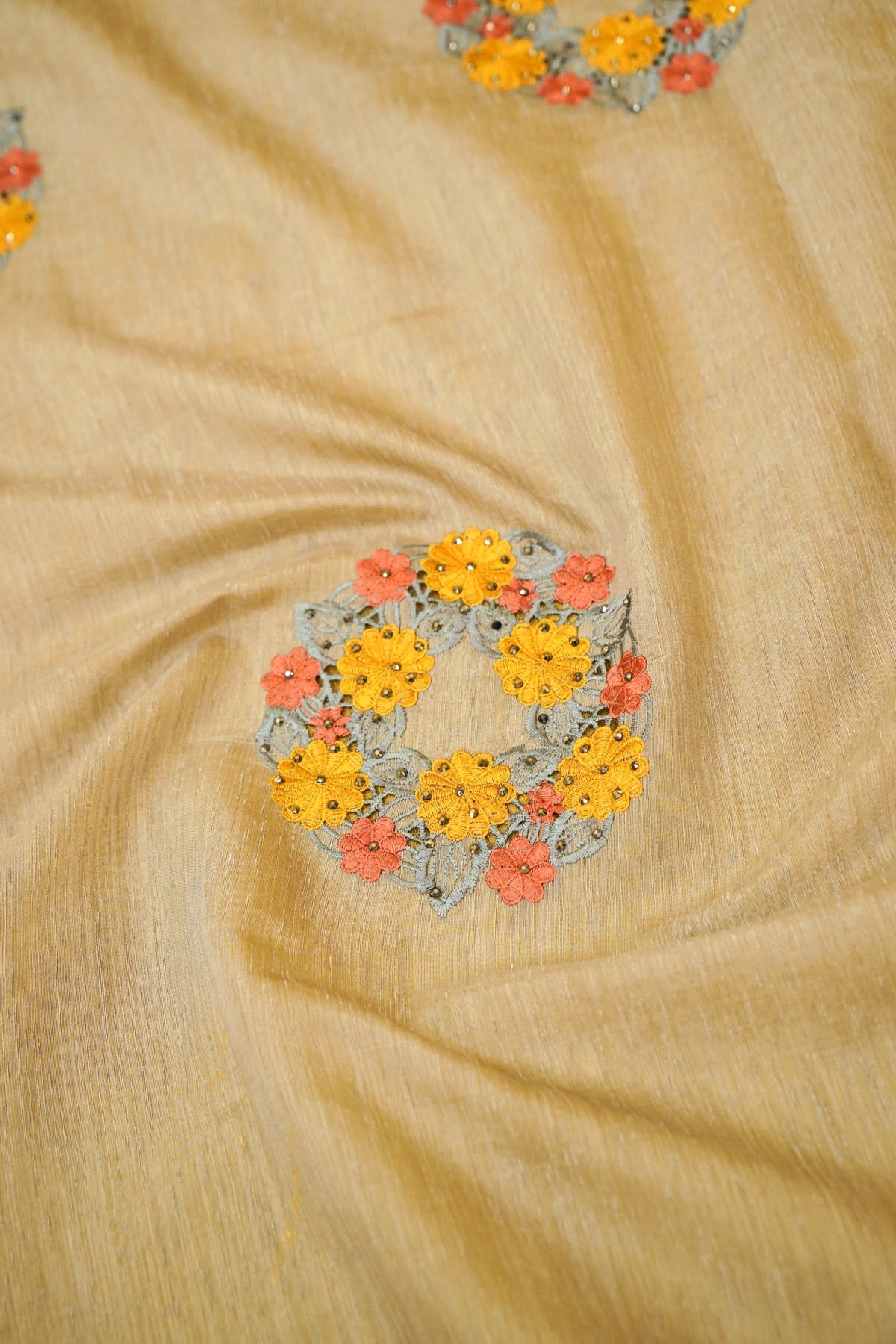 Stone Grey Banarasi Cotton Saree with Multicolor Floral Embroidery