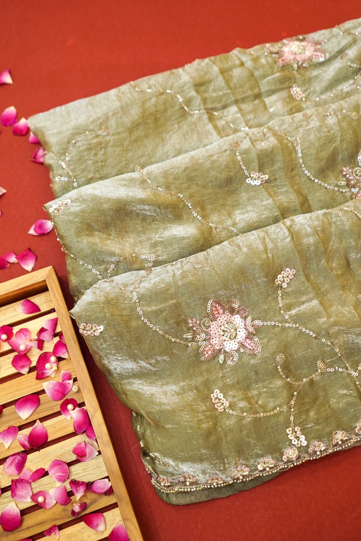 Olive Sage Blossom Trail Sequin Work Designer Saree