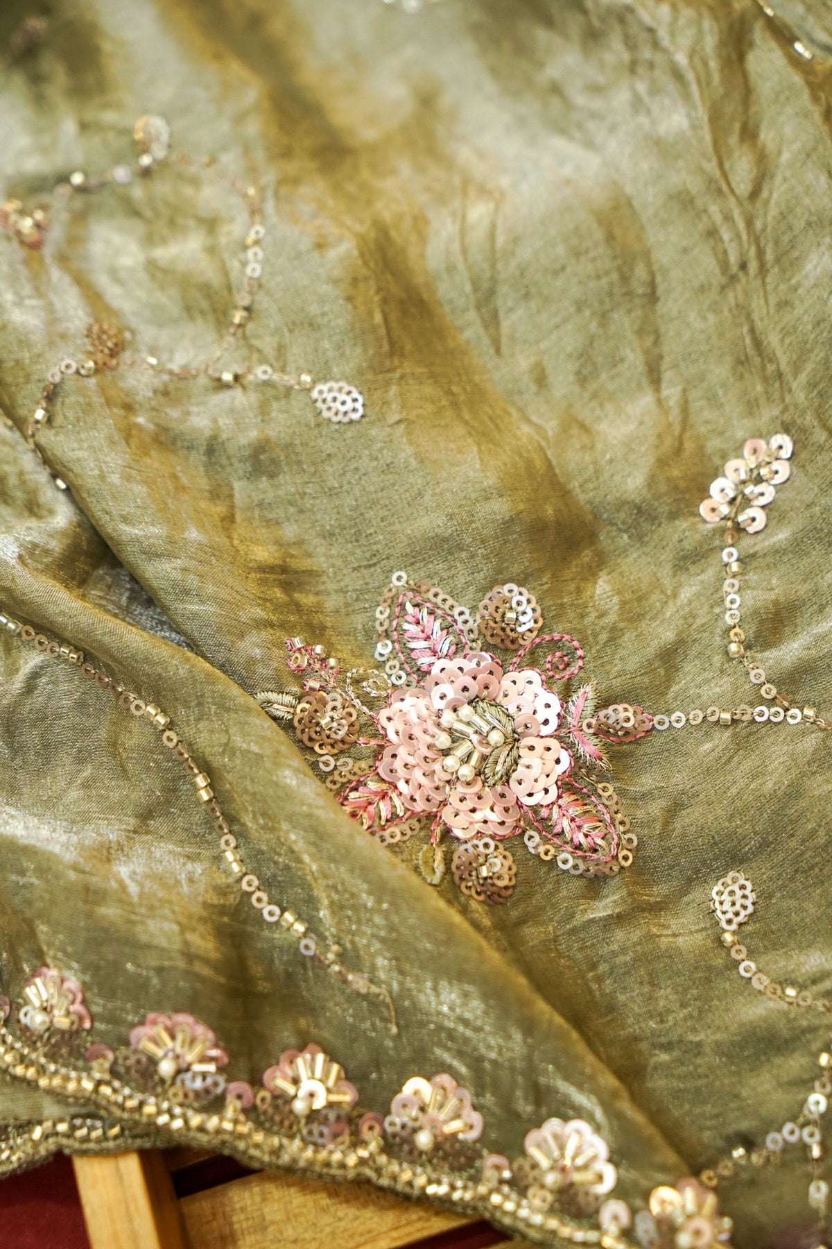 Olive Sage Blossom Trail Sequin Work Designer Saree