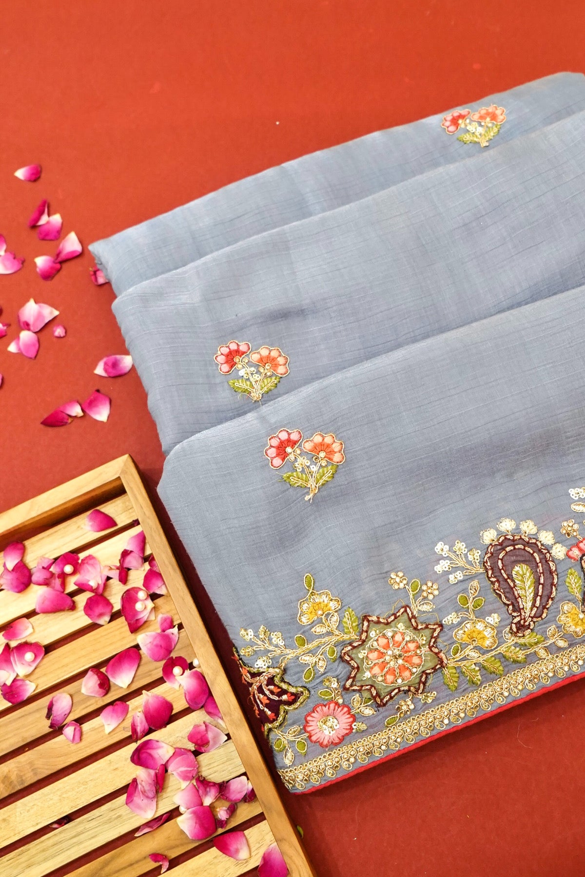 Slate Blue Bloom Embroidered Designer Saree