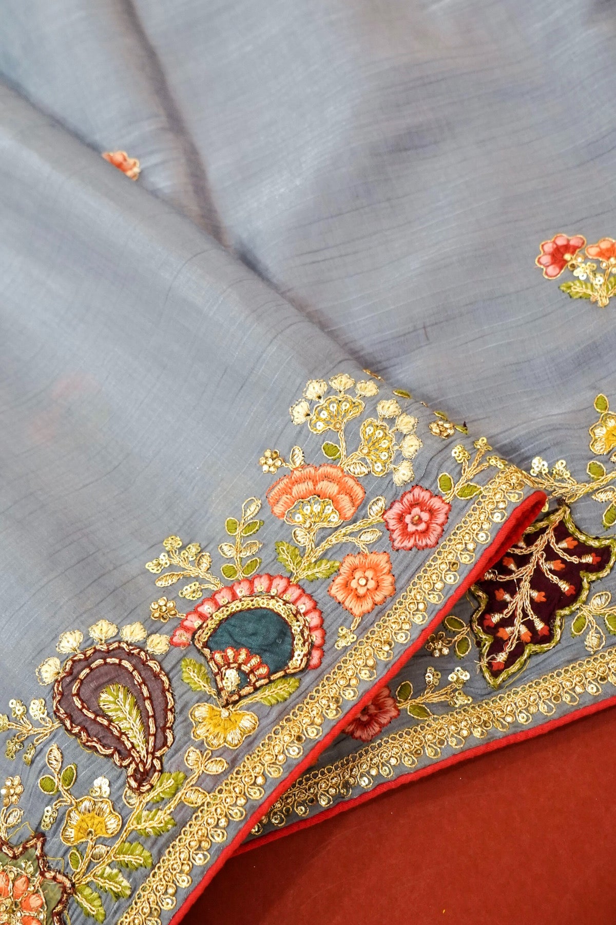 Slate Blue Bloom Embroidered Designer Saree