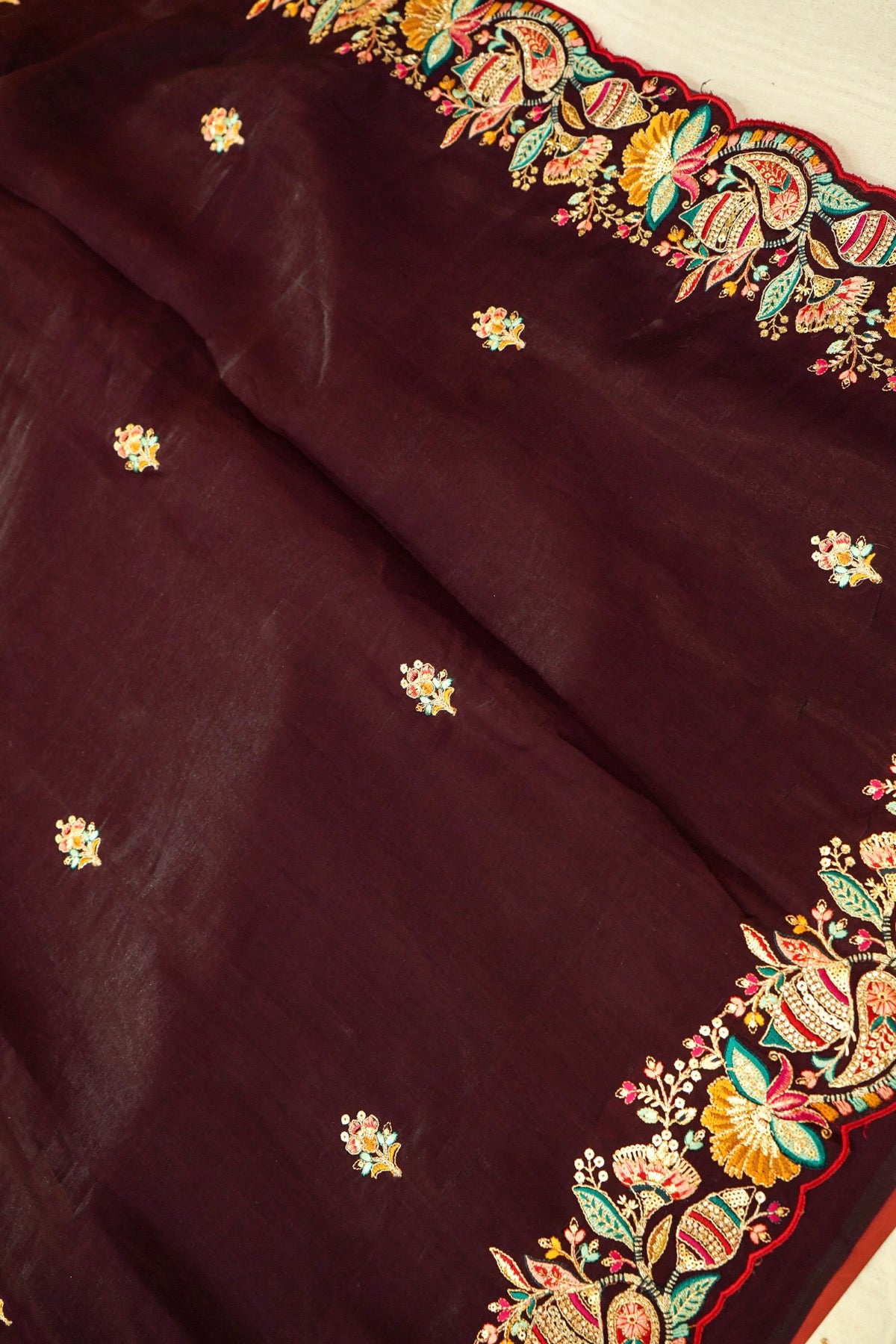 Dark Brown Bloom Embroidered Designer Saree