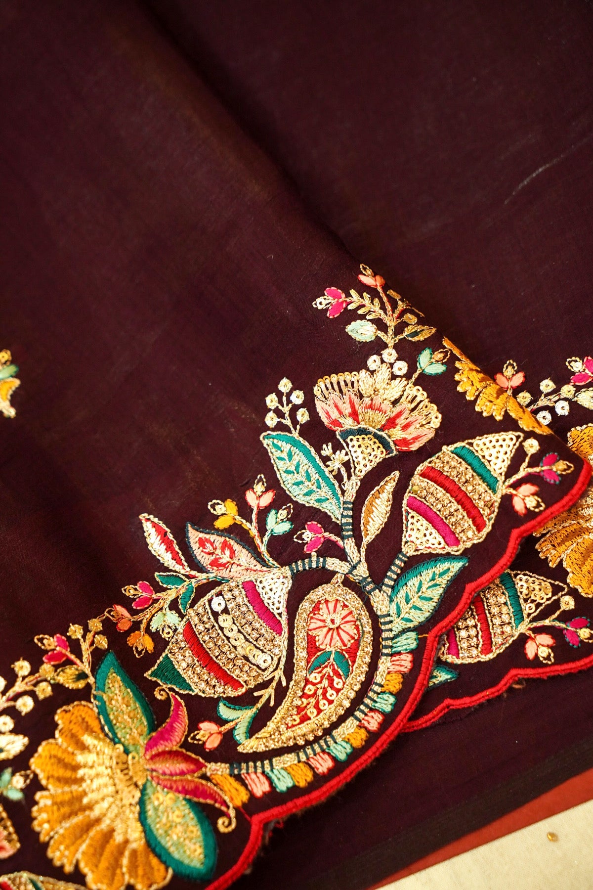 Dark Brown Bloom Embroidered Designer Saree
