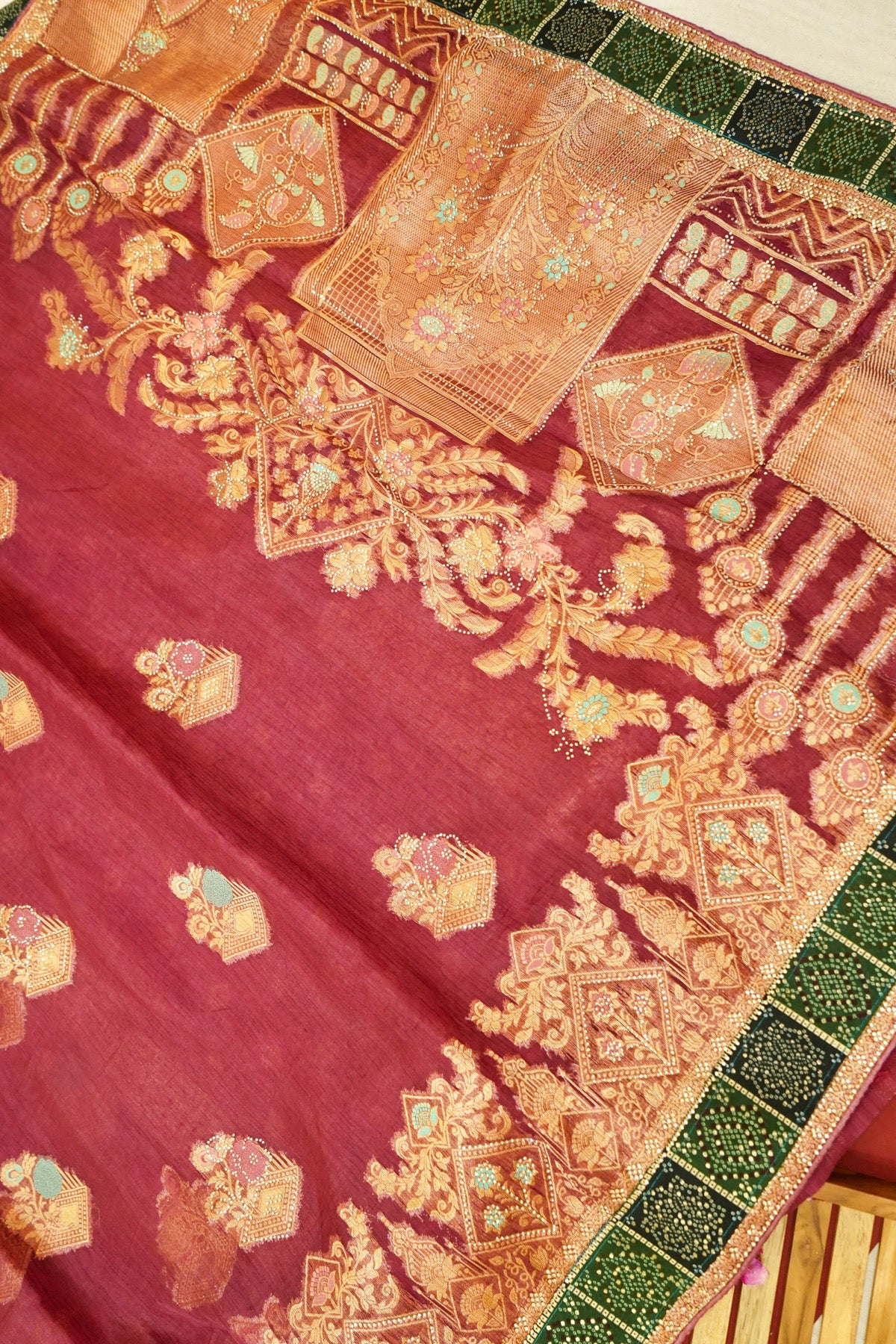 Maroon Designer Tissue Saree with Green & Diamond Detailing Border