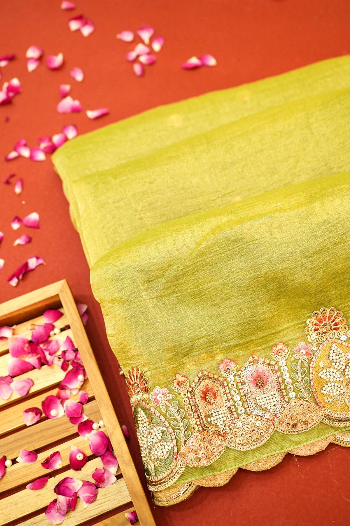 Pistachio Bloom Embroidered Designer Saree with Olive Green Blouse