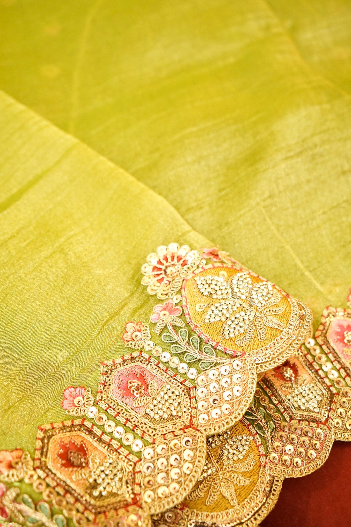 Pistachio Bloom Embroidered Designer Saree with Olive Green Blouse