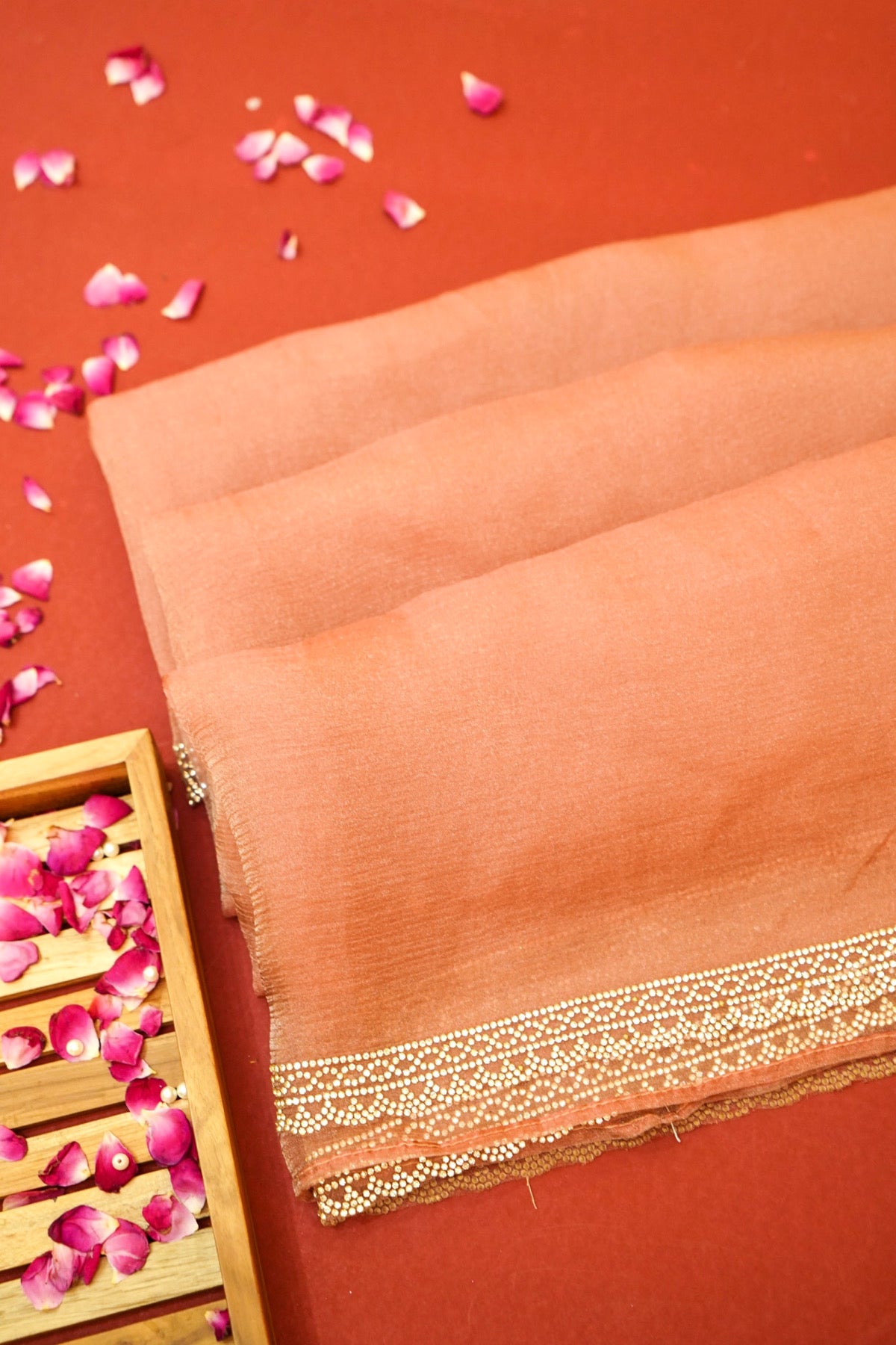 Rose Gold Designer Saree with Crystal Border