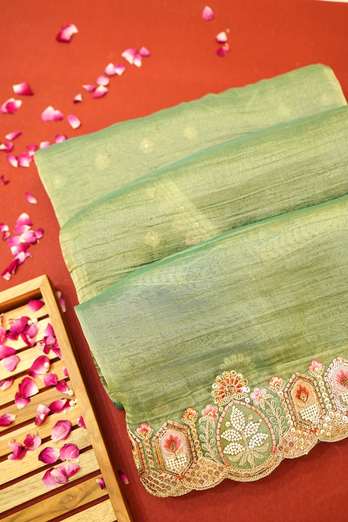 Sage Green Bloom Embroidered Designer Saree with Teal Blouse