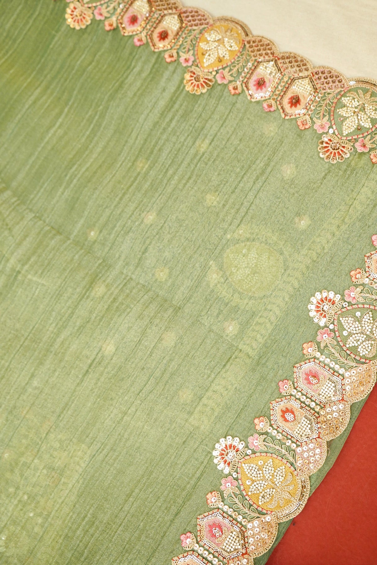 Sage Green Bloom Embroidered Designer Saree with Teal Blouse