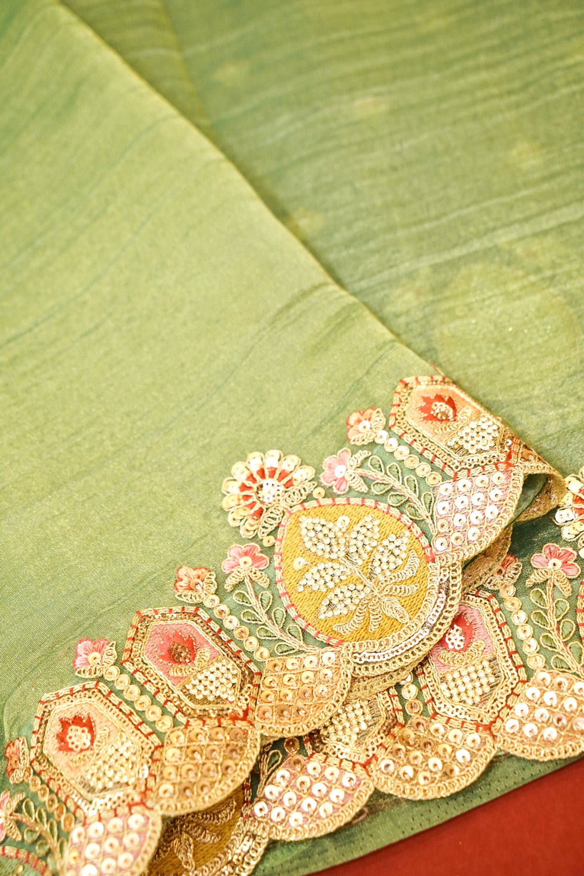 Sage Green Bloom Embroidered Designer Saree with Teal Blouse