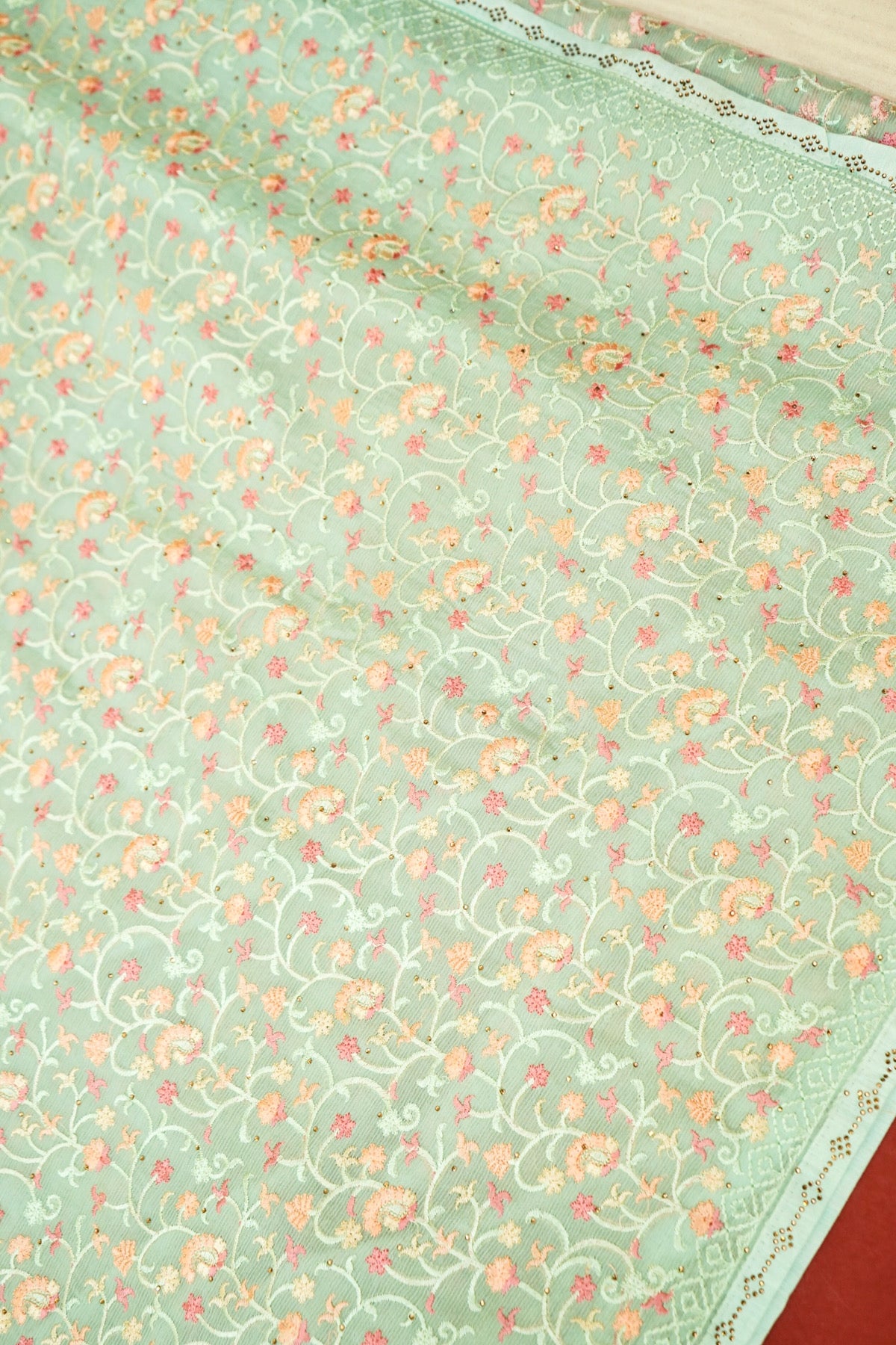 Mint Green Designer Saree with Floral Vine Embroidery