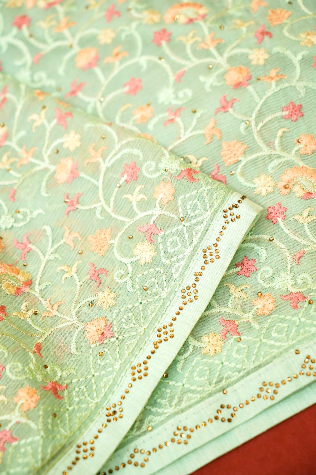 Mint Green Designer Saree with Floral Vine Embroidery