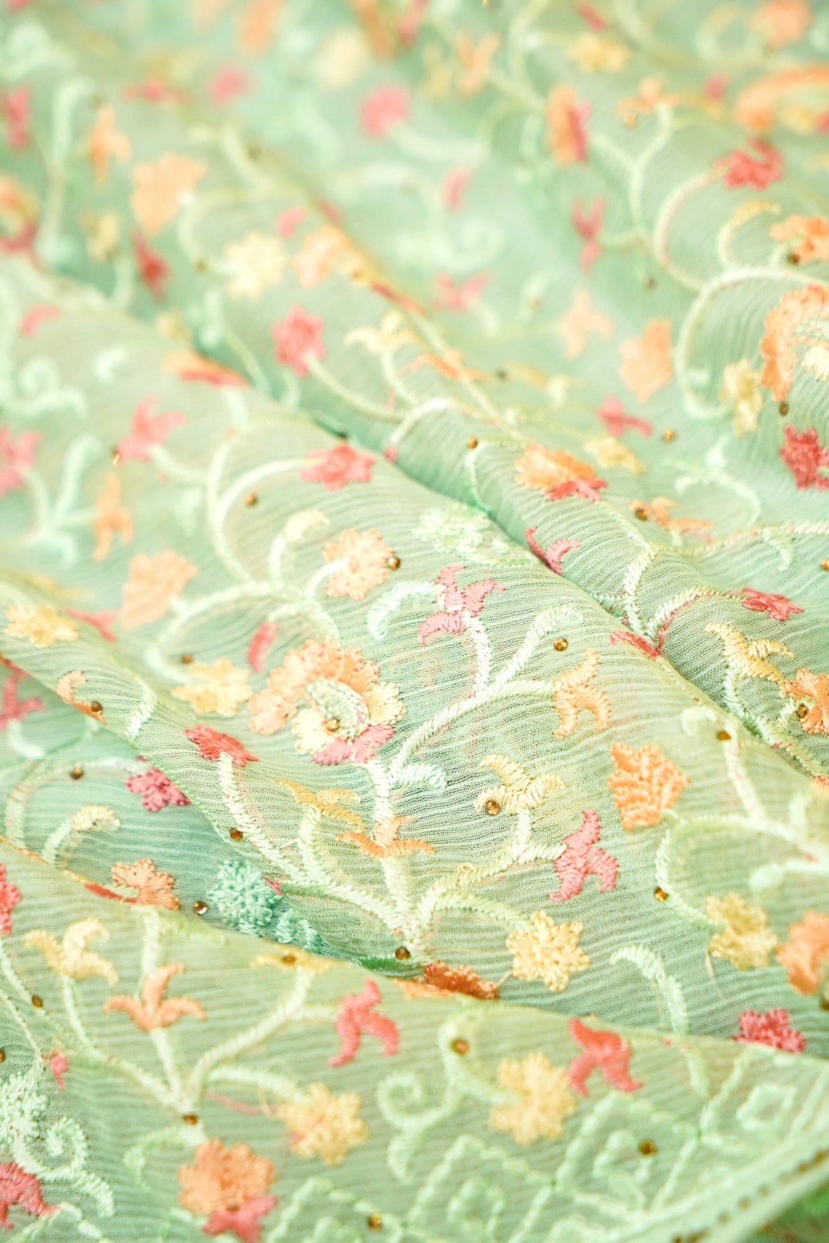 Mint Green Designer Saree with Floral Vine Embroidery