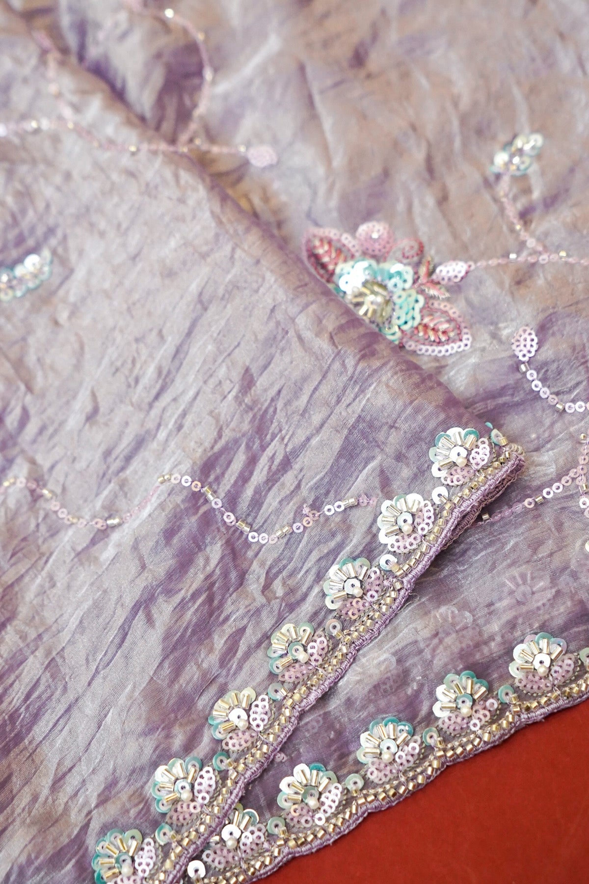 Lavender Lilac Blossom Trail Sequin Work Designer Saree