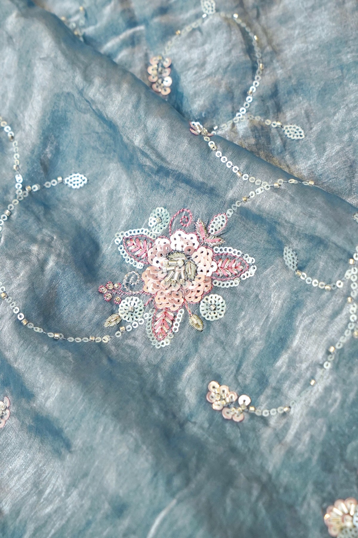 Dusty Blue Blossom Trail Sequin Work Designer Saree