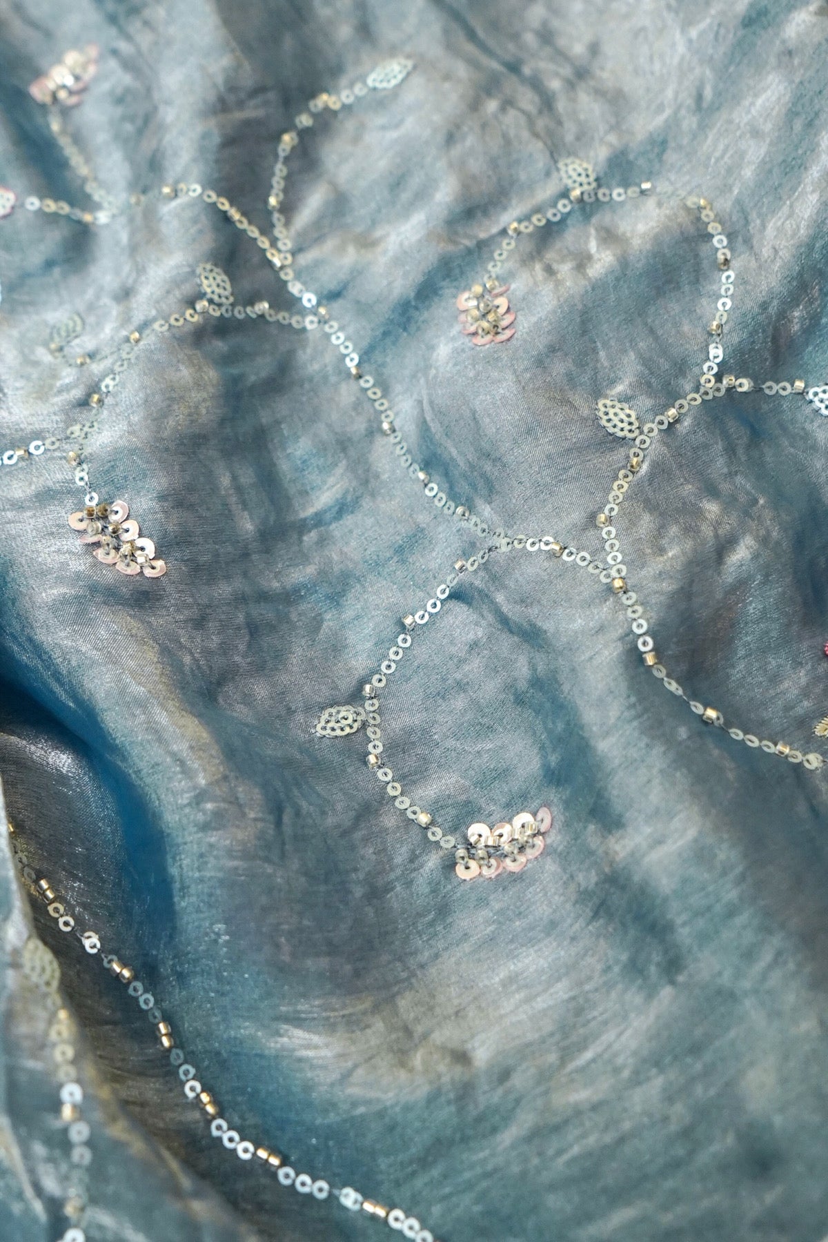 Dusty Blue Blossom Trail Sequin Work Designer Saree