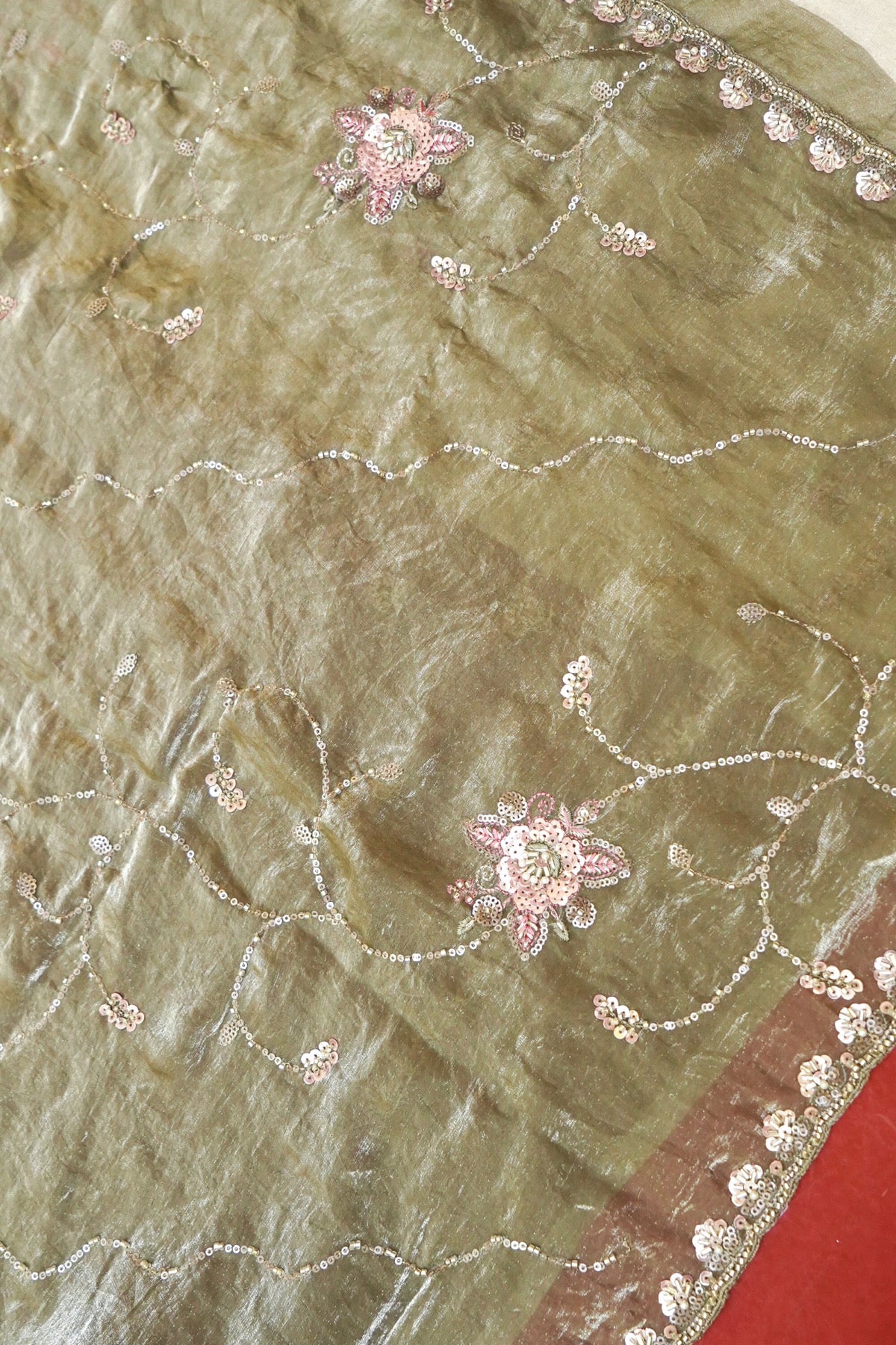 Olive Sage Blossom Trail Sequin Work Designer Saree