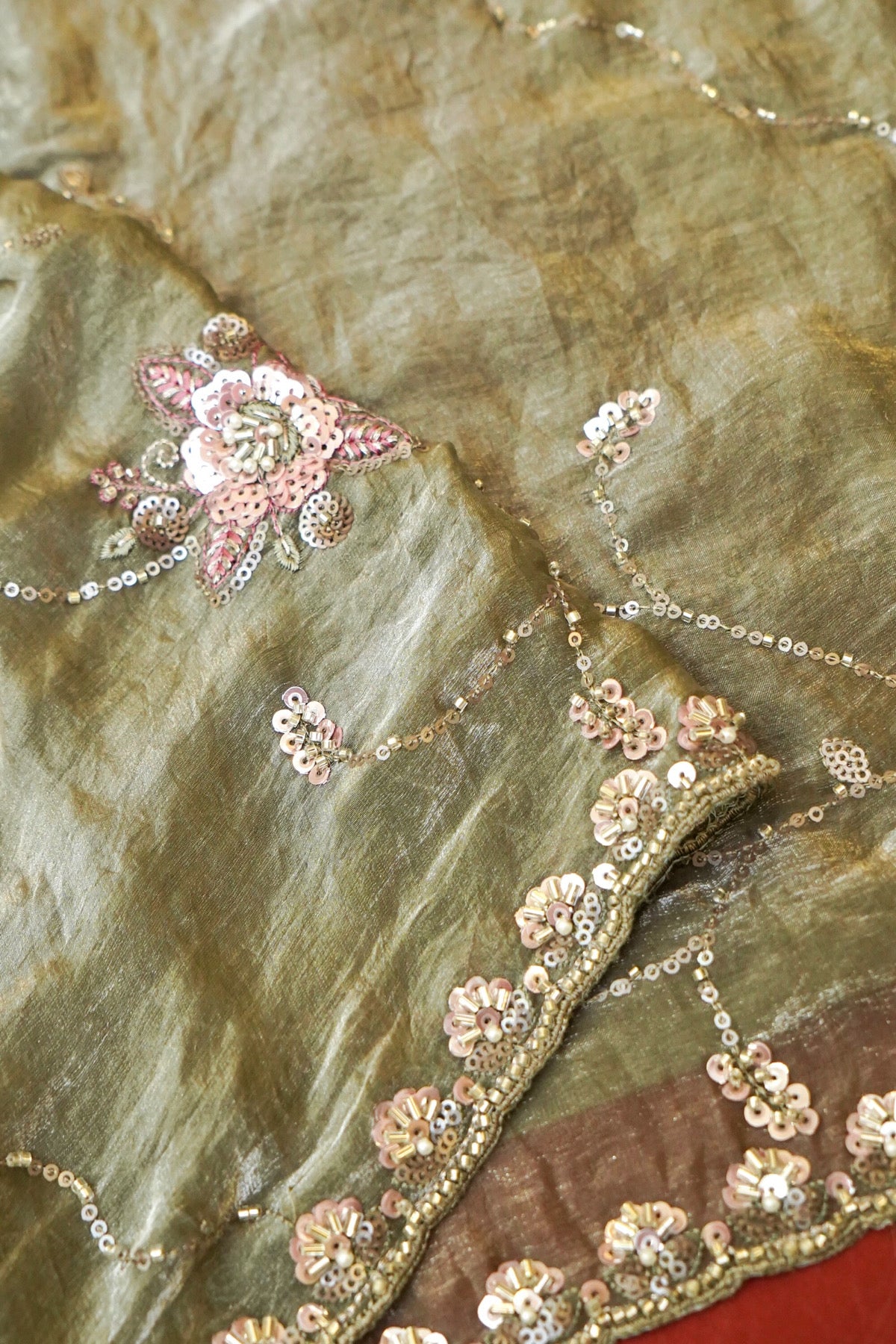 Olive Sage Blossom Trail Sequin Work Designer Saree